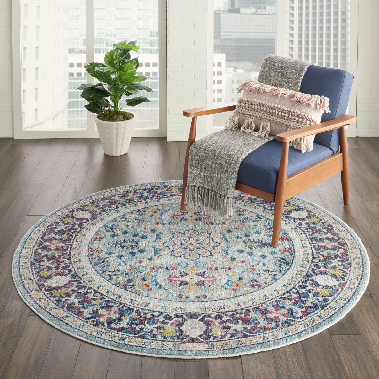 Nourison Ankara Global 6' x Round Teal Multicolor Bohemian Indoor Rug