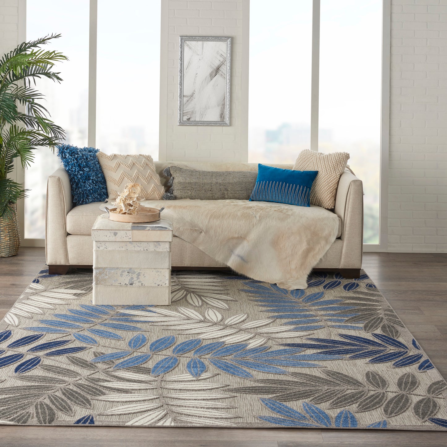 Nourison Aloha 9'6" x 13' Grey/Blue Tropical Rug