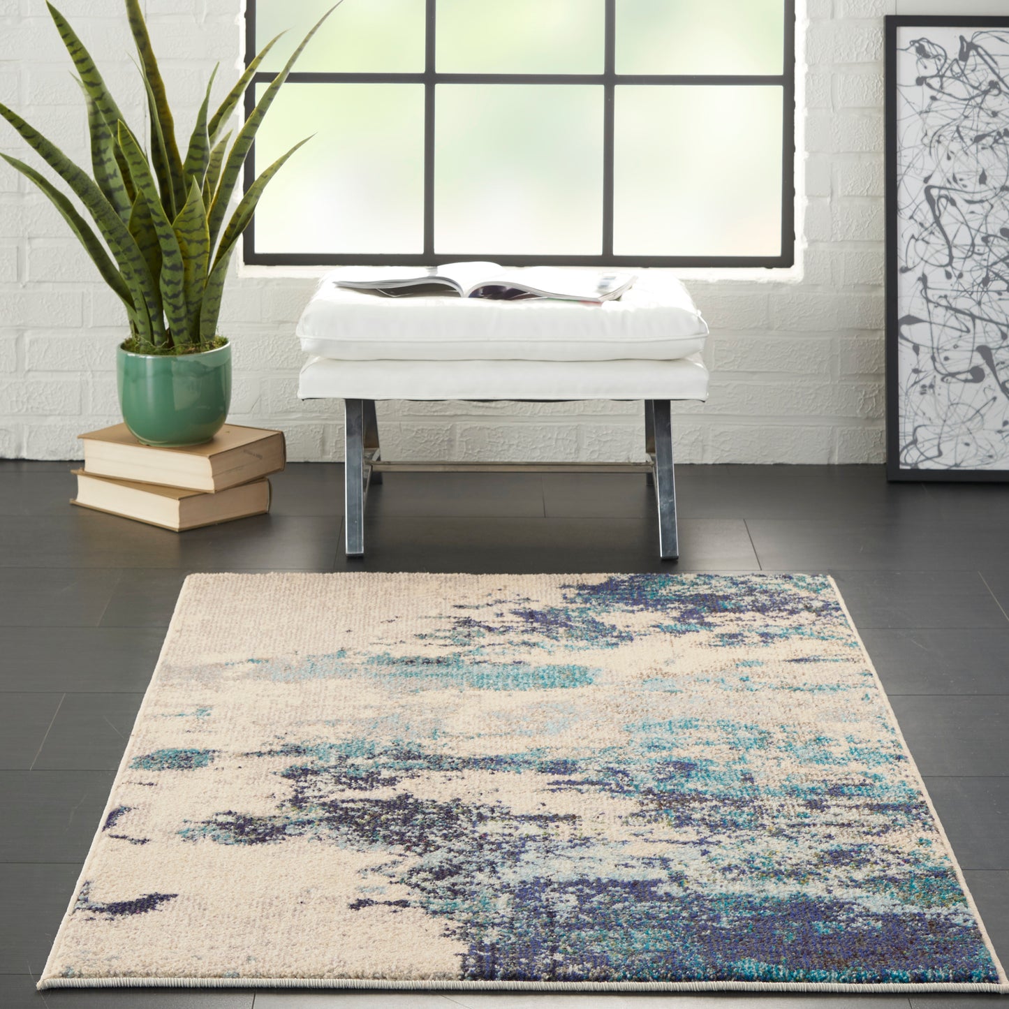 Nourison Celestial 3' x 5' Ivory/Teal Blue Modern Indoor Rug