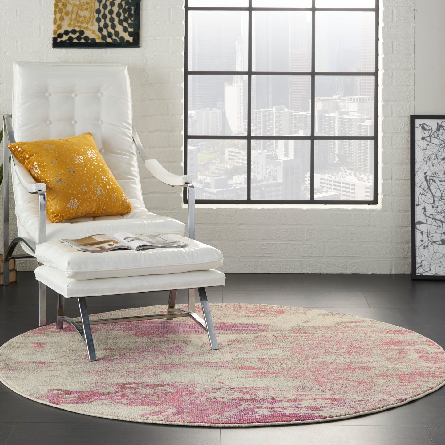 Nourison Celestial 4' x Round Ivory/Pink Modern Indoor Rug