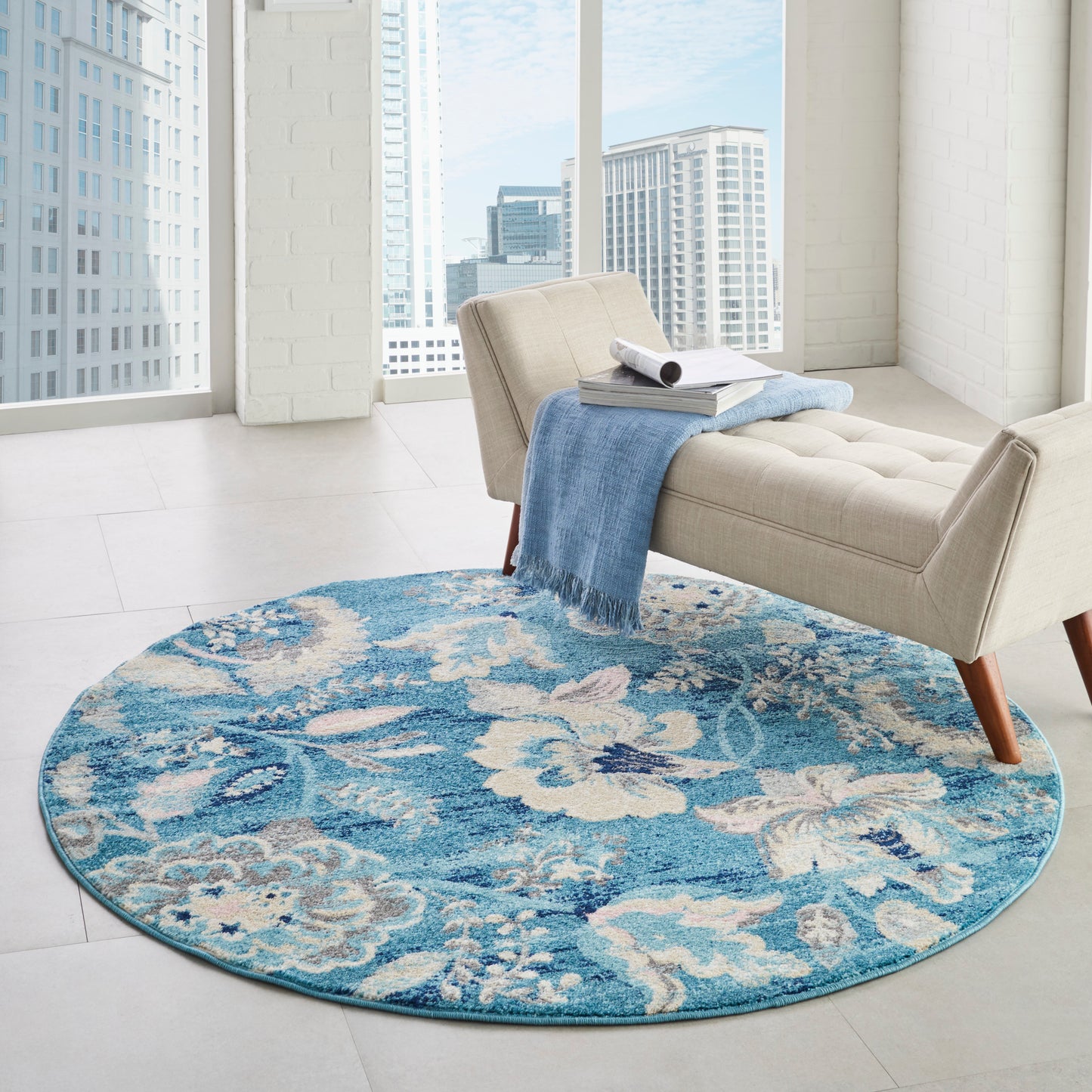 Nourison Tranquil 5'3" x Round Turquoise Vintage Indoor Rug