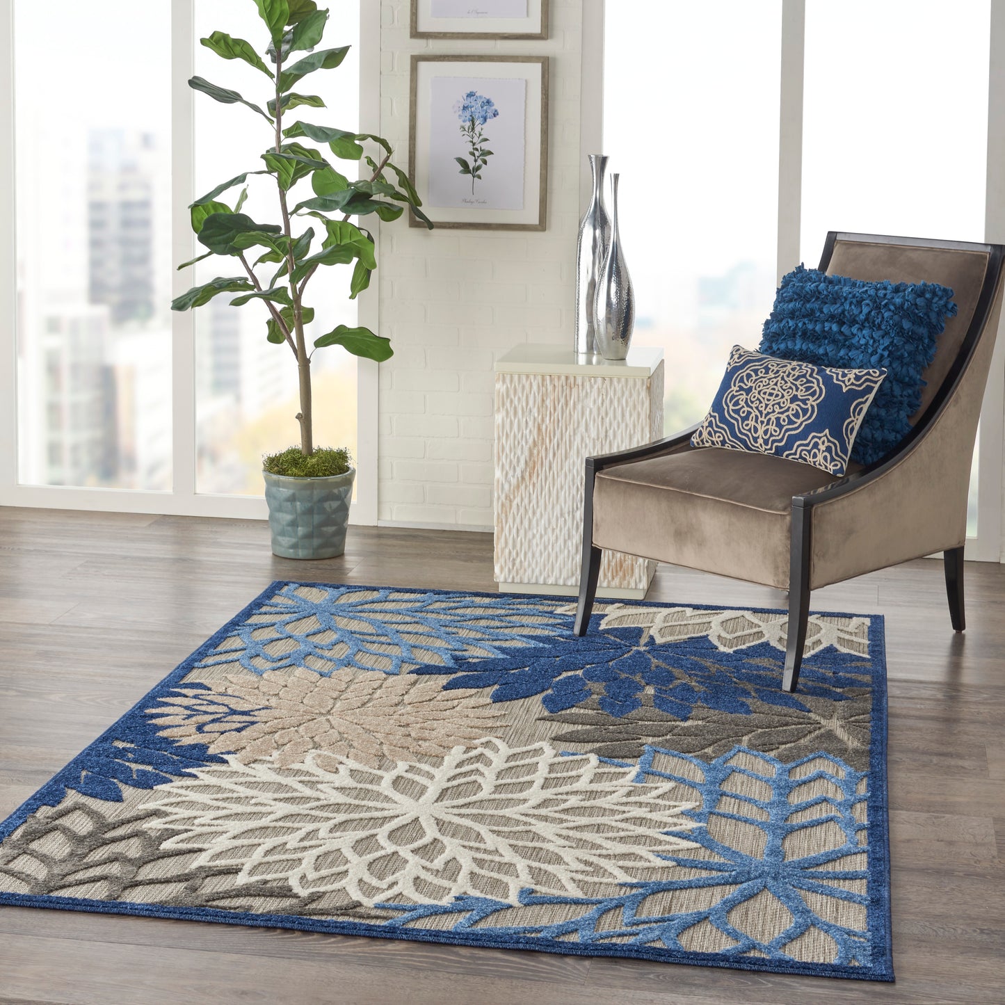 Nourison Aloha 5'3" x 7'5" Blue Multicolor Tropical Rug