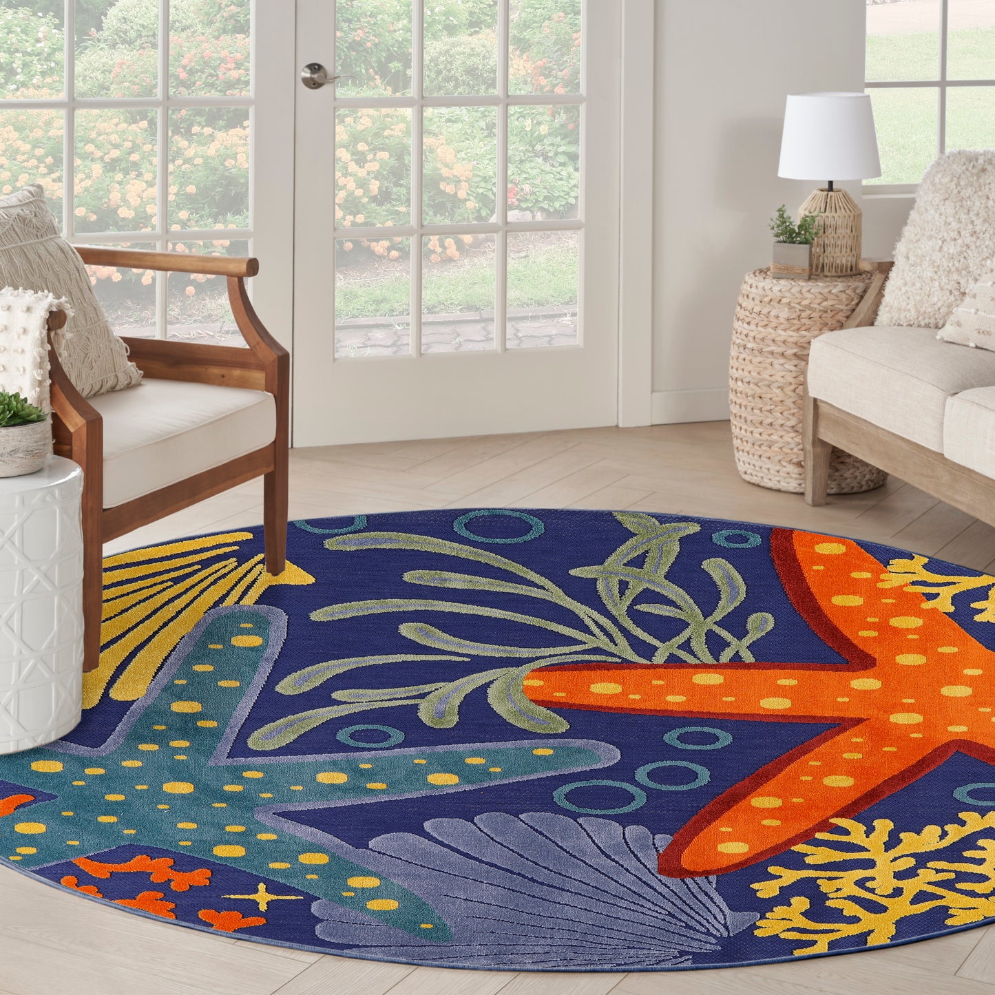 Nourison Aloha 7'10" x Round Navy Multicolor Outdoor Rug