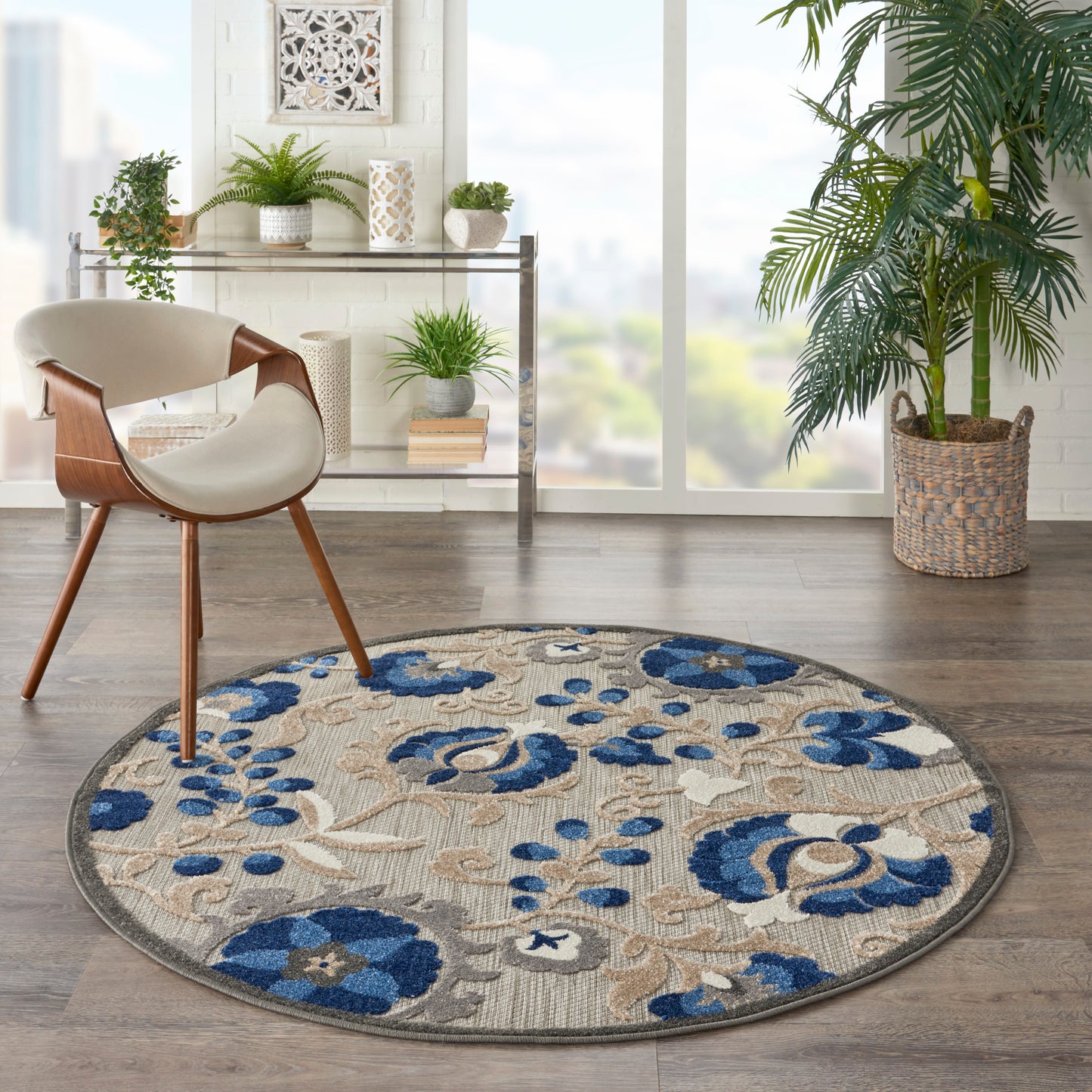 Nourison Aloha 5'3" x Round Natural Blue Farmhouse Rug