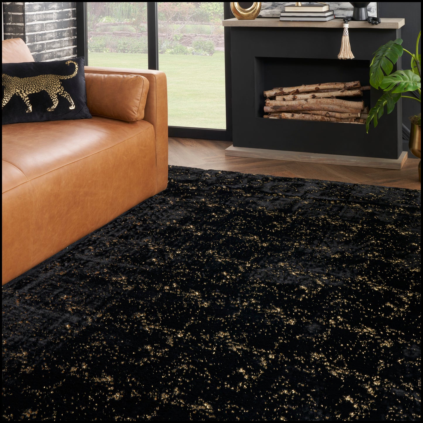 Nourison Cozy Shimmer 7'9" x 9'9" Black Gold Glam Indoor Rug