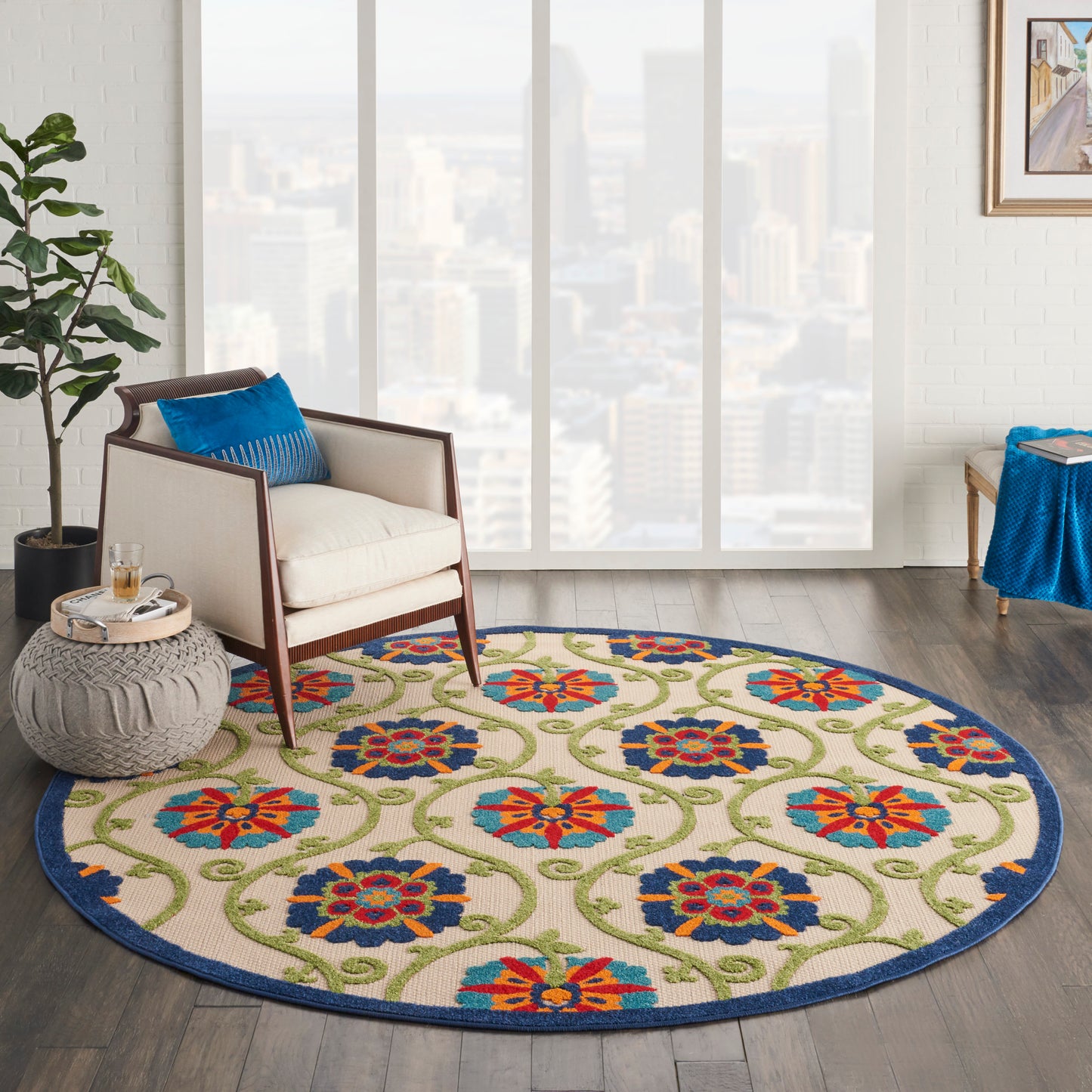 Nourison Aloha 7'10" x Round Blue Multicolor Contemporary Rug