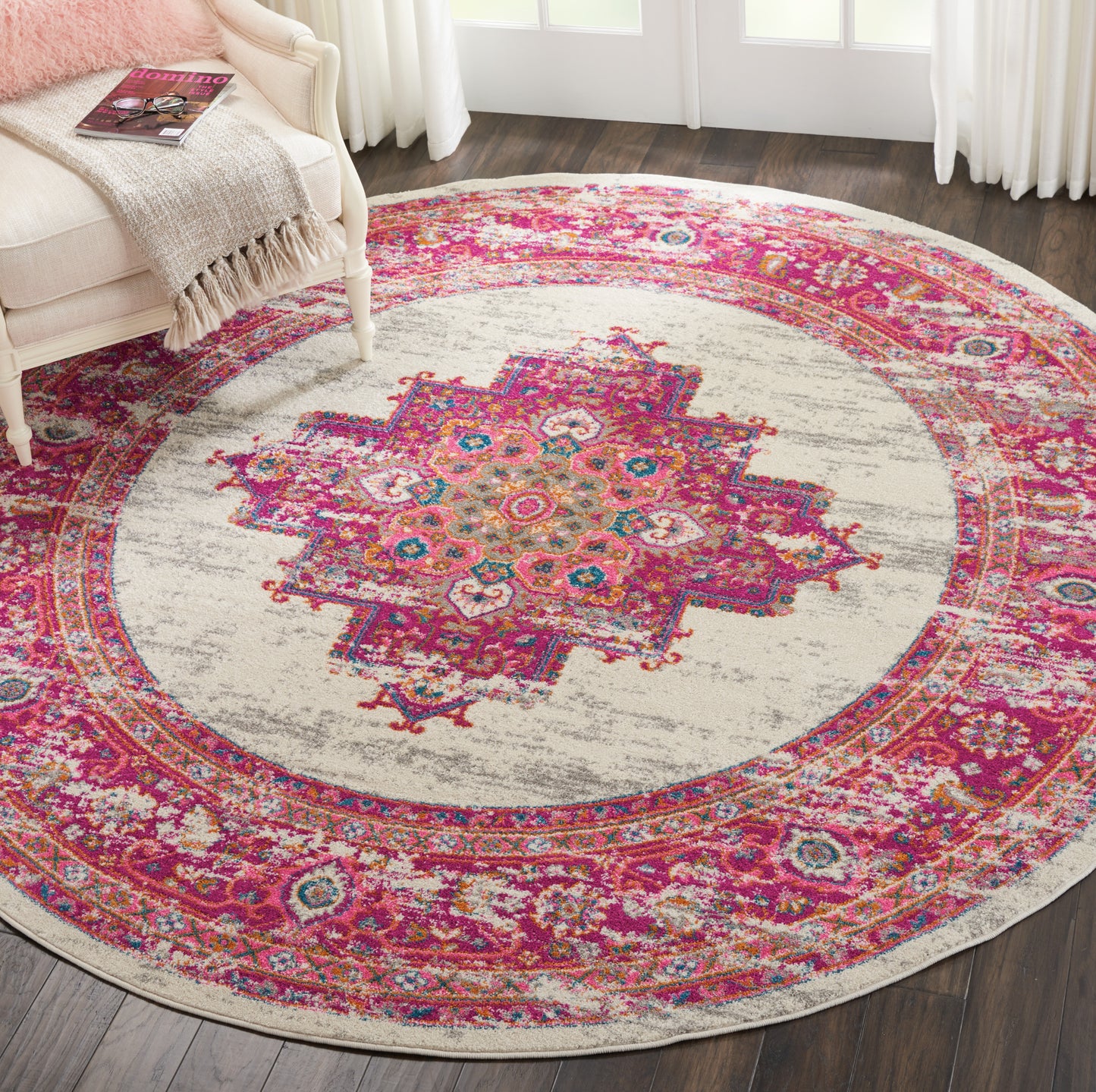 Nourison Passion 8' x Round Ivory/Fuchsia Bohemian Indoor Rug