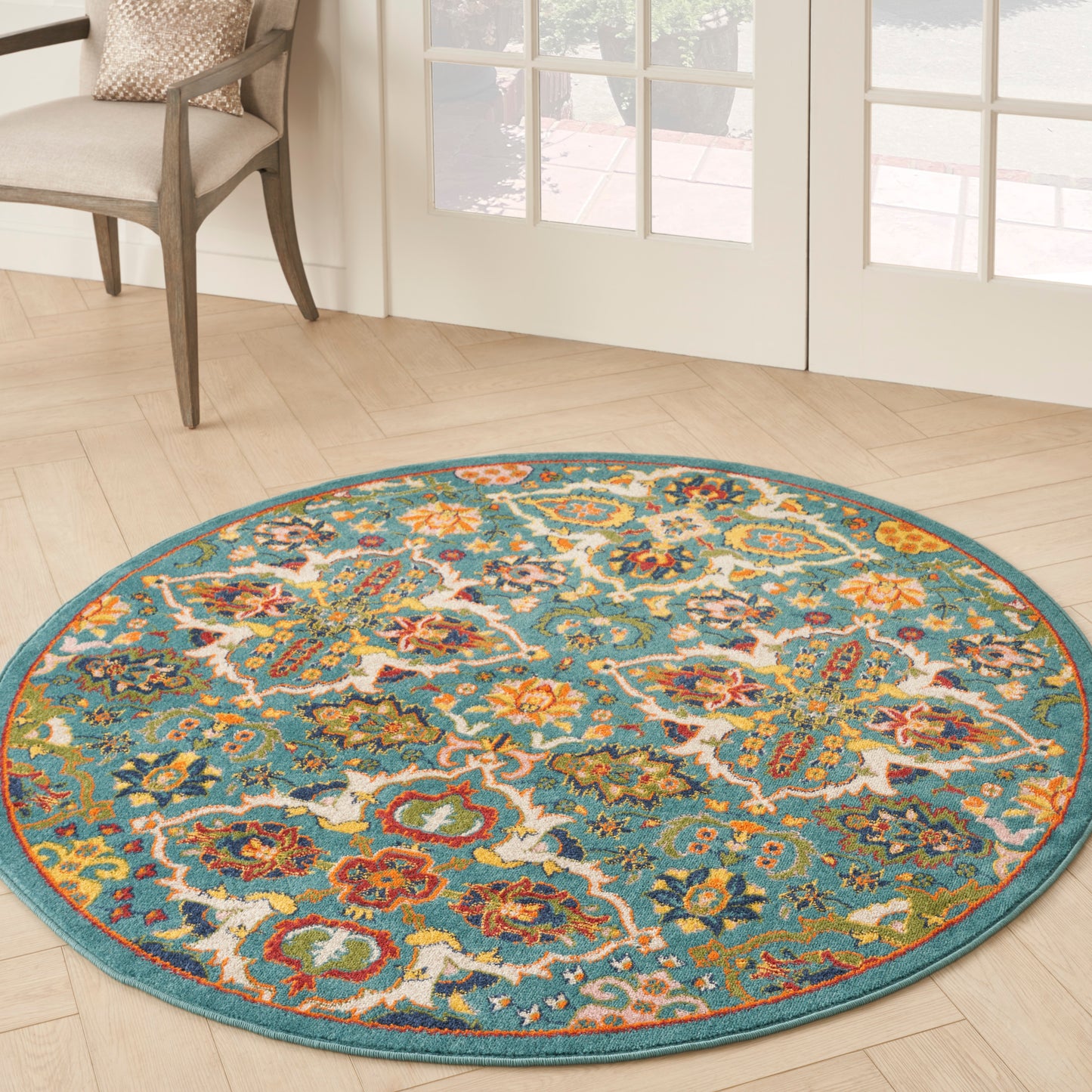 Nourison Allur 5'3" x Round Turquoise Ivory Bohemian Indoor Rug