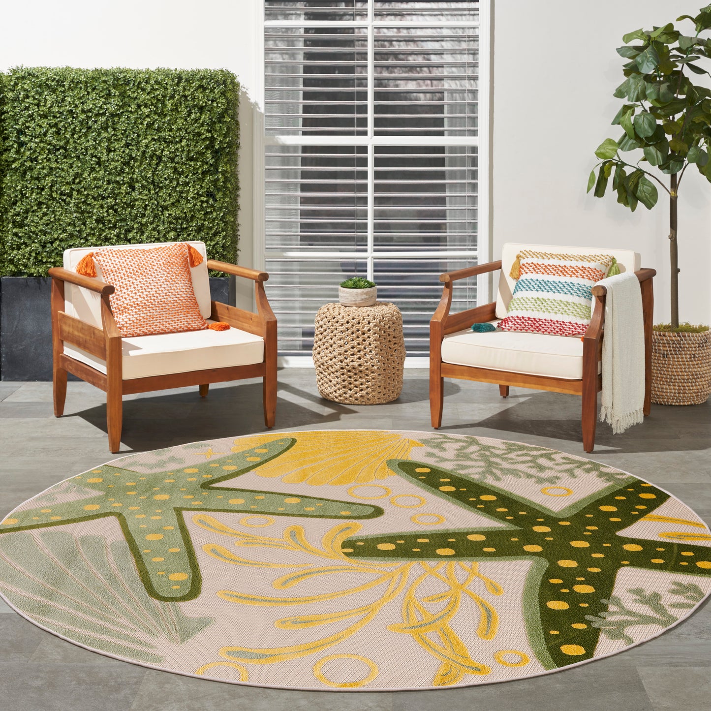 Nourison Aloha 5'3" x Round Green Yellow Outdoor Rug