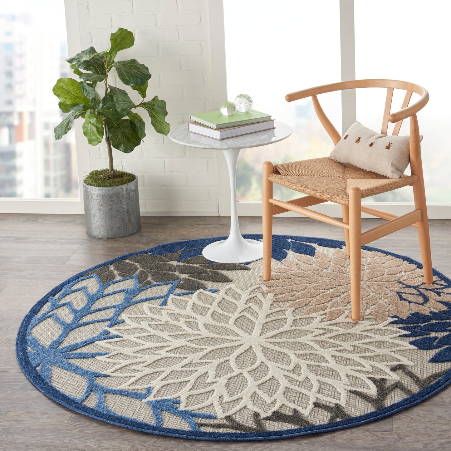 Nourison Aloha 5'3" x Round Blue Multicolor Tropical Rug