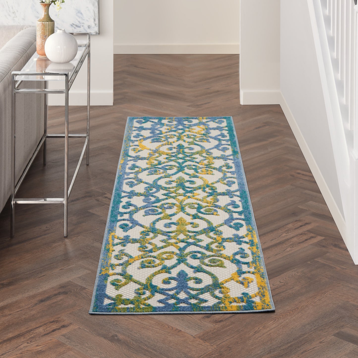 Nourison Aloha 2'3" x 8' Ivory Blue Contemporary Rug