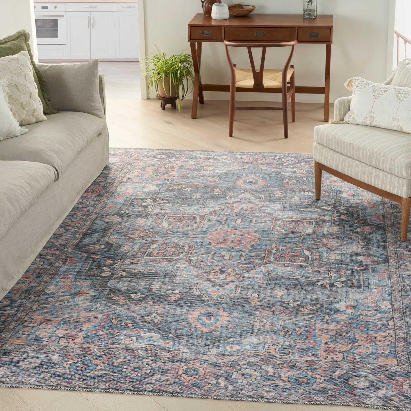 Nicole Curtis Machine Washable Series 1 7'10" x 9'10" Light Blue Multi Vintage Indoor Rug