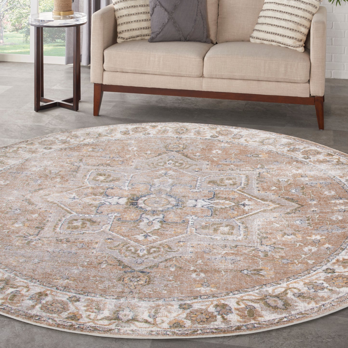 Nourison Astra Machine Washable 5'3" x Round Beige Vintage Indoor Rug