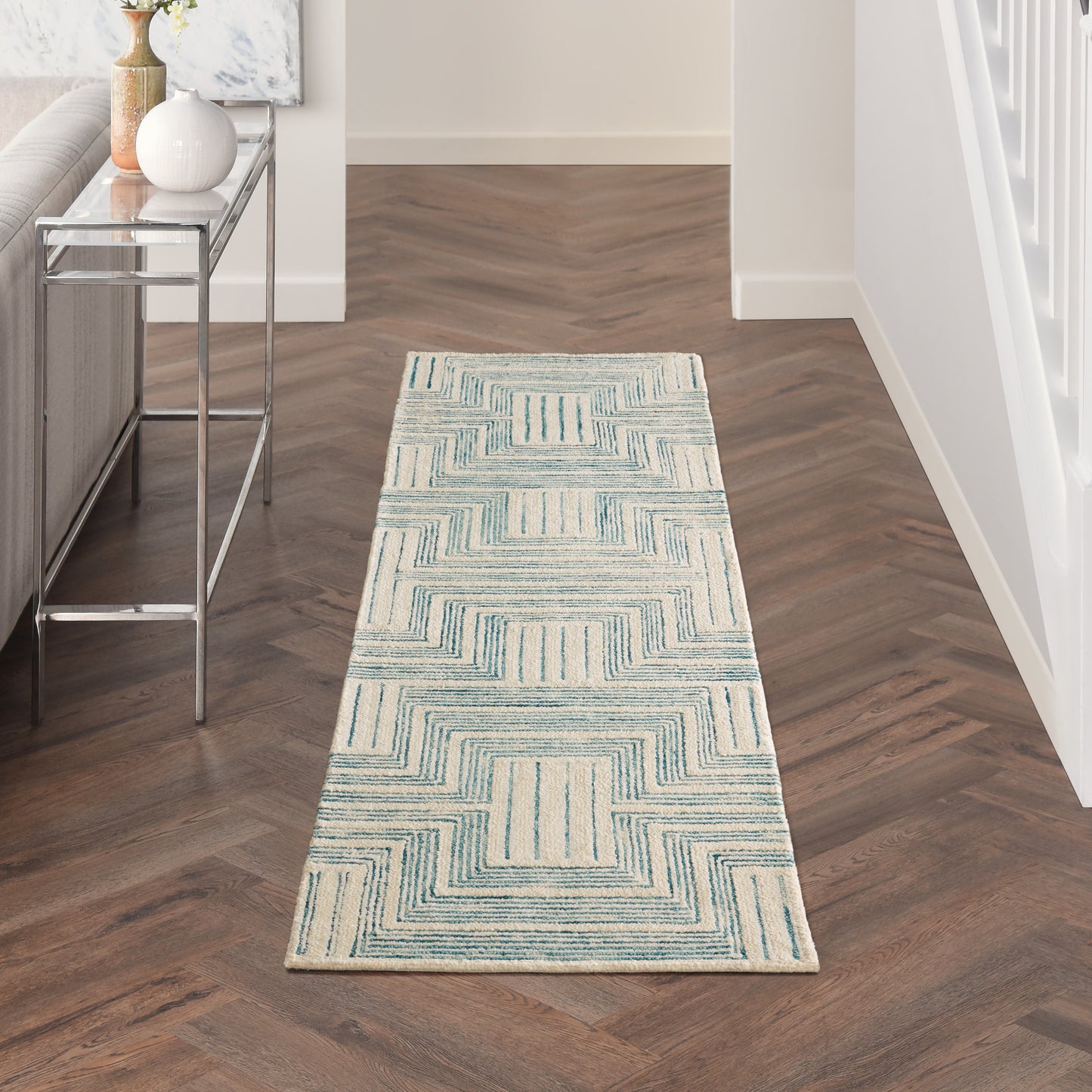 Nourison Interlock 2'3" x 7'6" Ivory/Turquoise Modern Indoor Rug