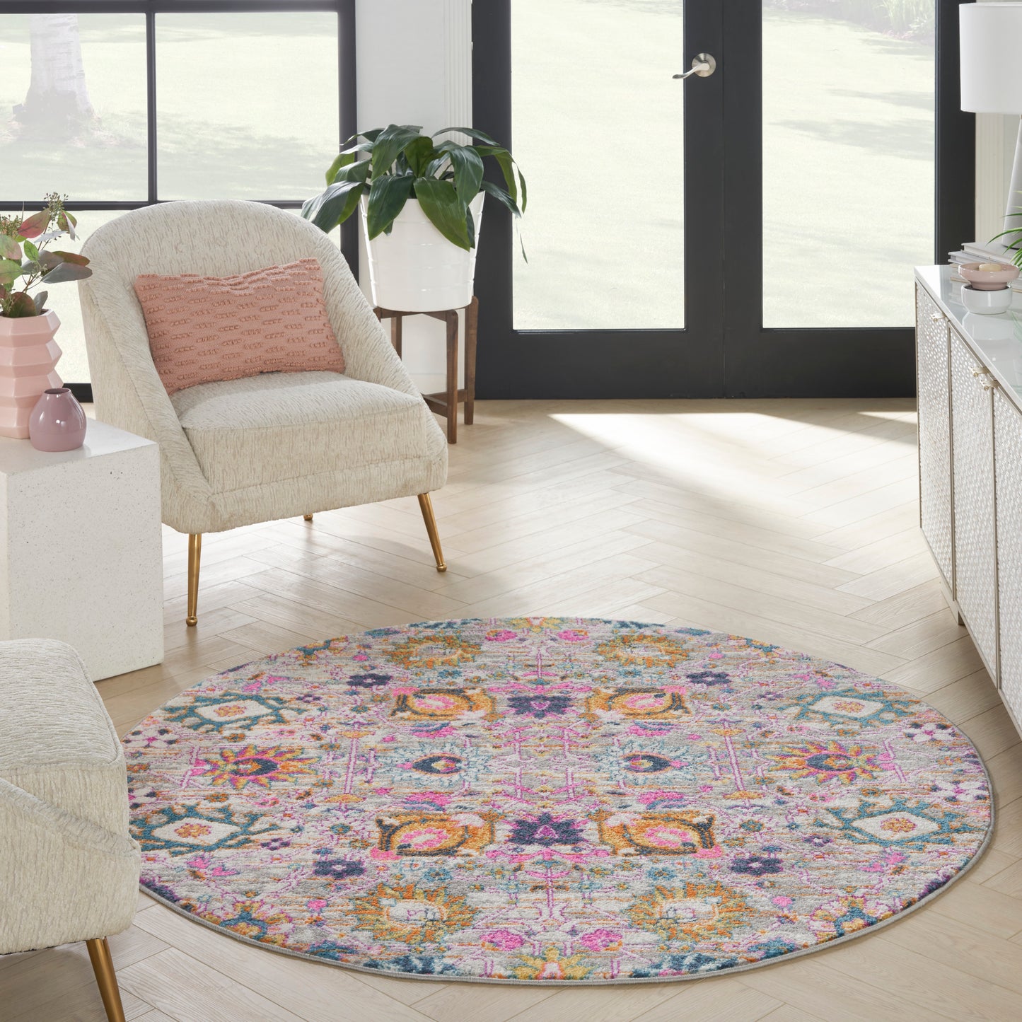 Nourison Passion 5' x Round Silver Bohemian Indoor Rug