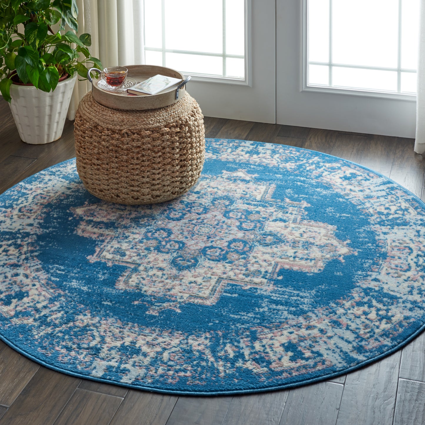 Nourison Grafix 5'3" x Round Blue Vintage Indoor Rug