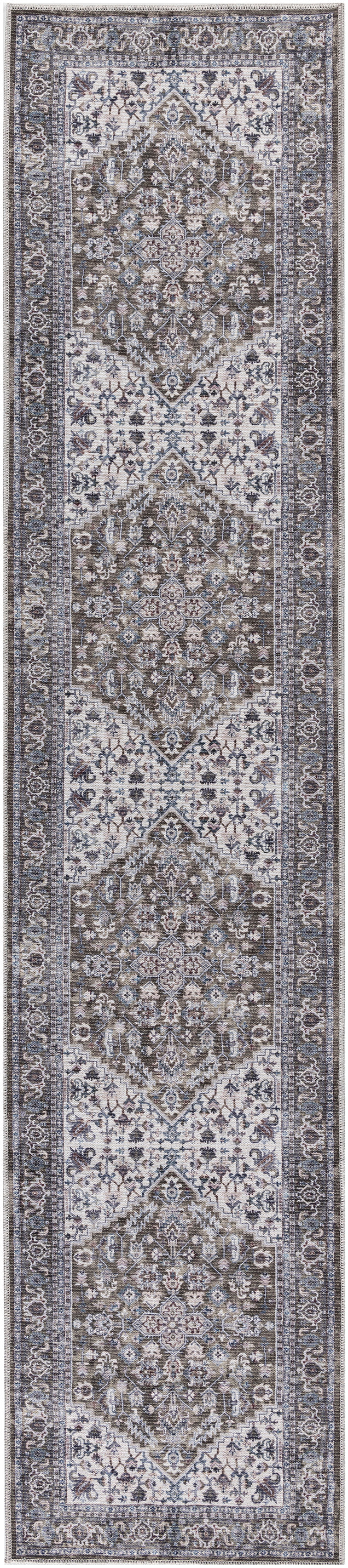 Nicole Curtis Machine Washable Series 1 2' x 6' Olive Ivory Vintage Indoor Rug