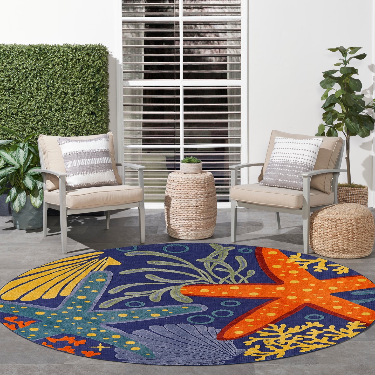 Nourison Aloha 7'10" x Round Navy Multicolor Outdoor Rug