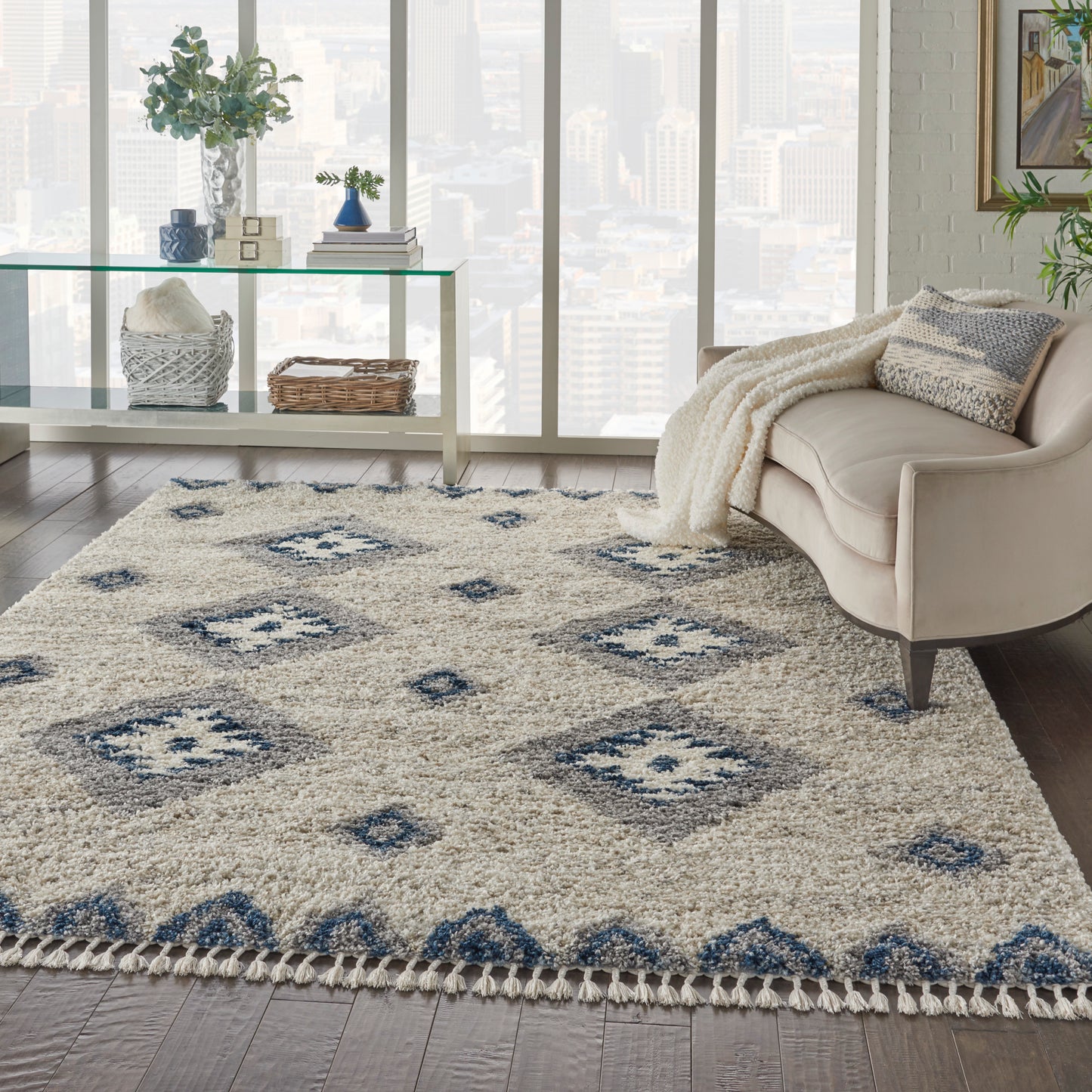 Nourison Oslo Shag 7'10" x 10'6" Ivory/Blue Shag Indoor Rug