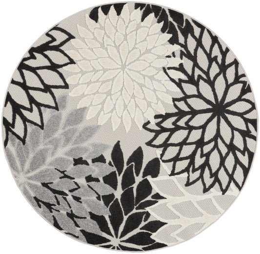 Nourison Aloha 4' x Round Black White Tropical Rug