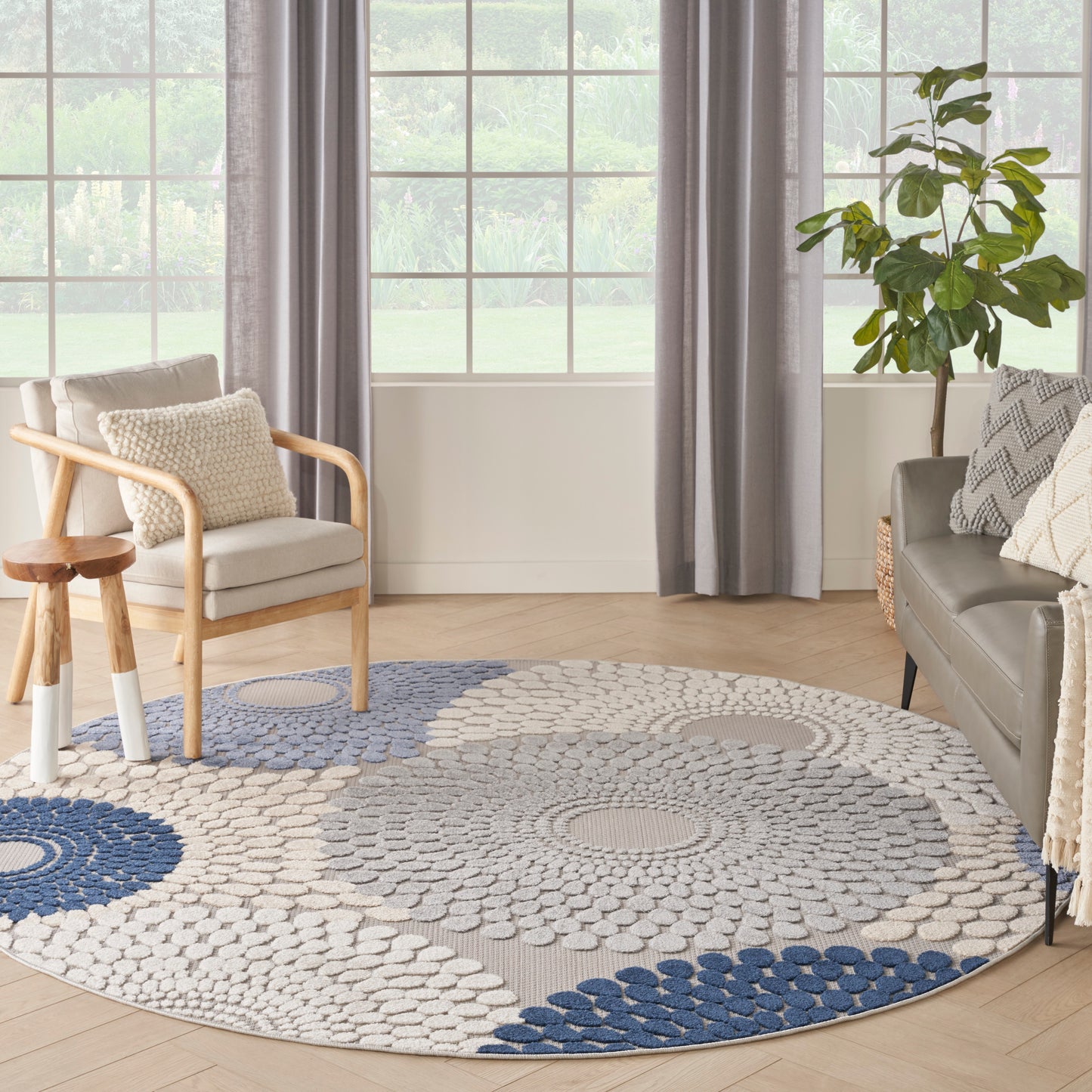 Nourison Aloha 7'10" x Round Blue Grey Modern Rug