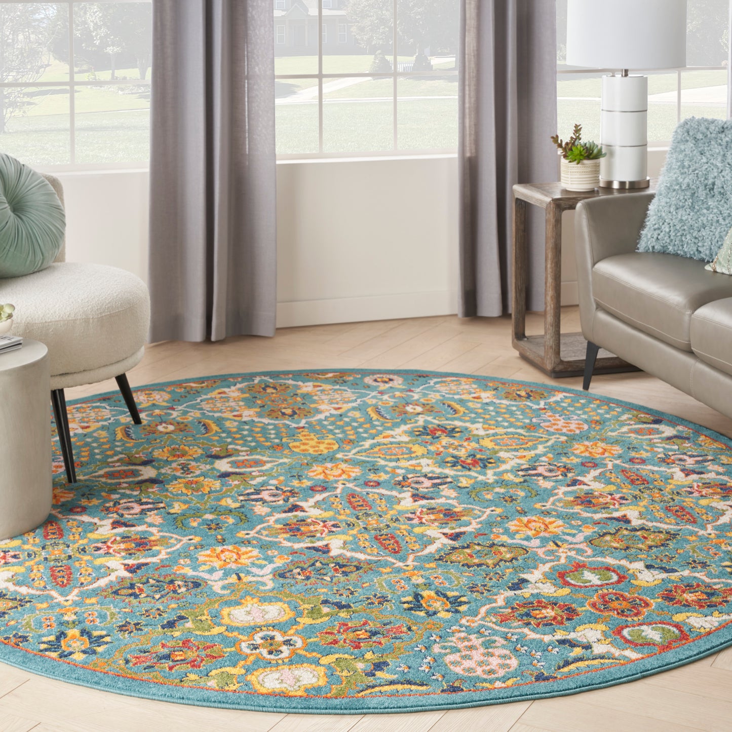 Nourison Allur 7’10” x Round Turquoise Ivory Bohemian Indoor Rug