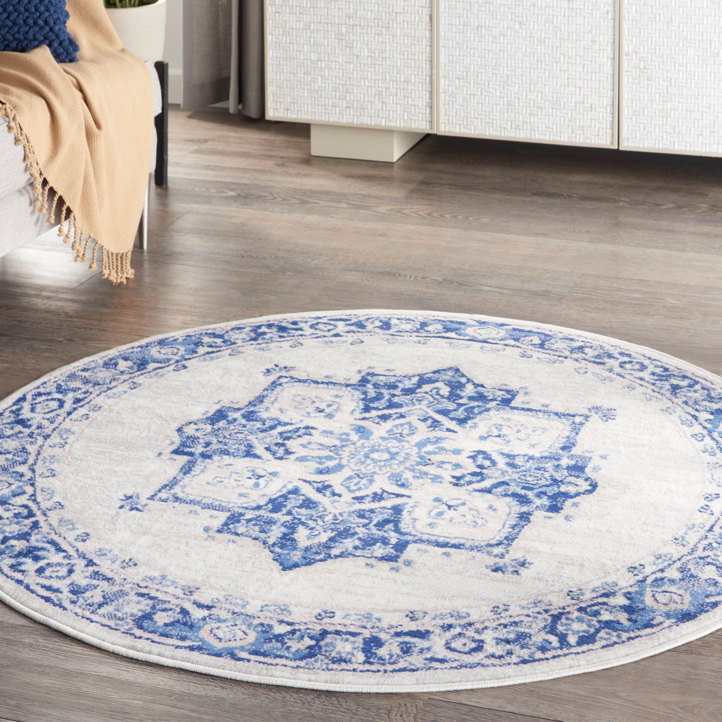 Nourison Whimsicle 5' x Round Ivory Blue Farmhouse Indoor Rug