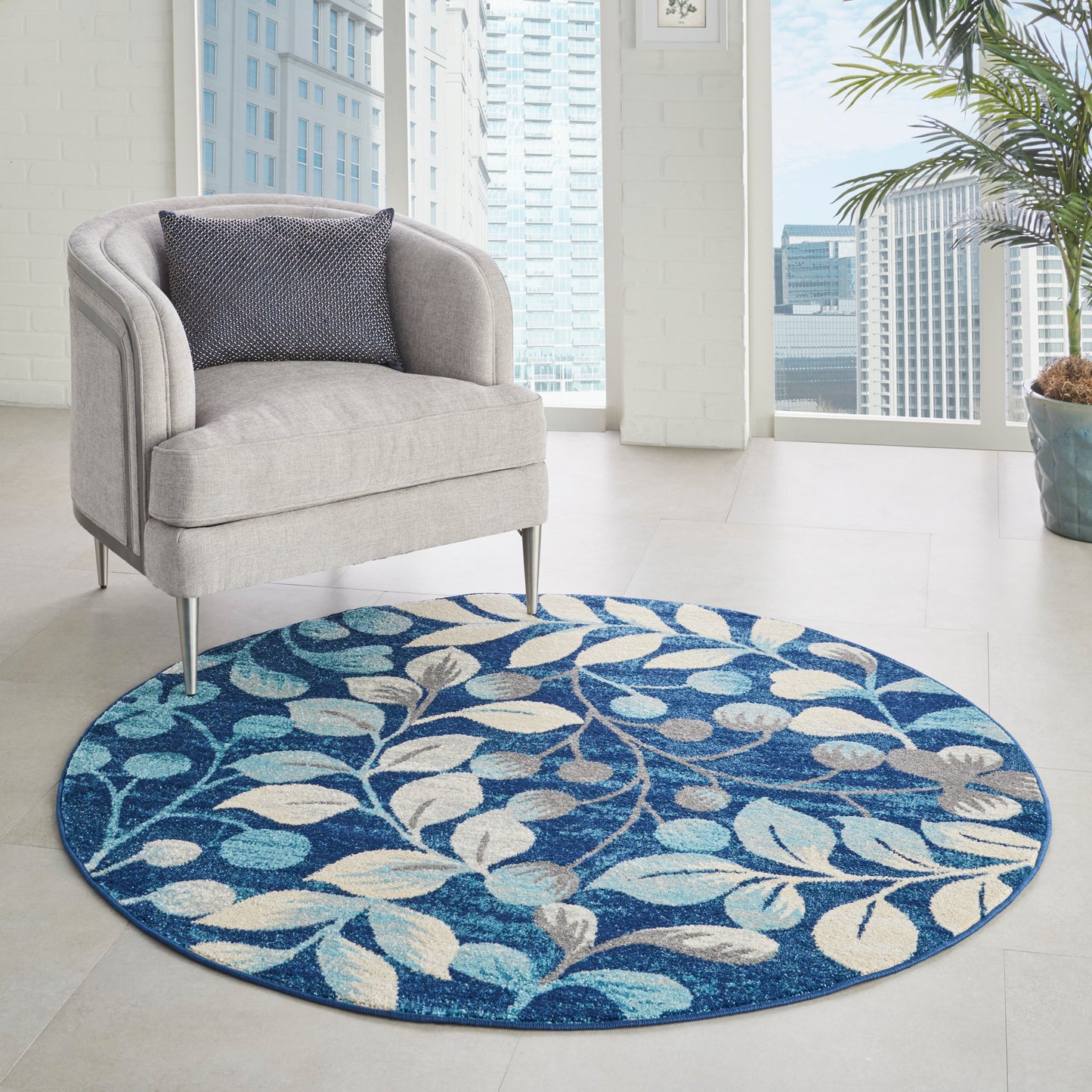 Nourison Tranquil 5'3" x Round Navy Farmhouse Indoor Rug