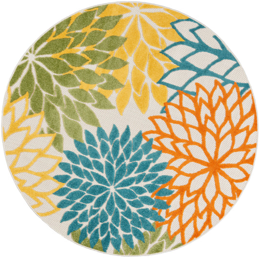 Nourison Aloha 4' x Round Turquoise Multicolor Tropical Rug