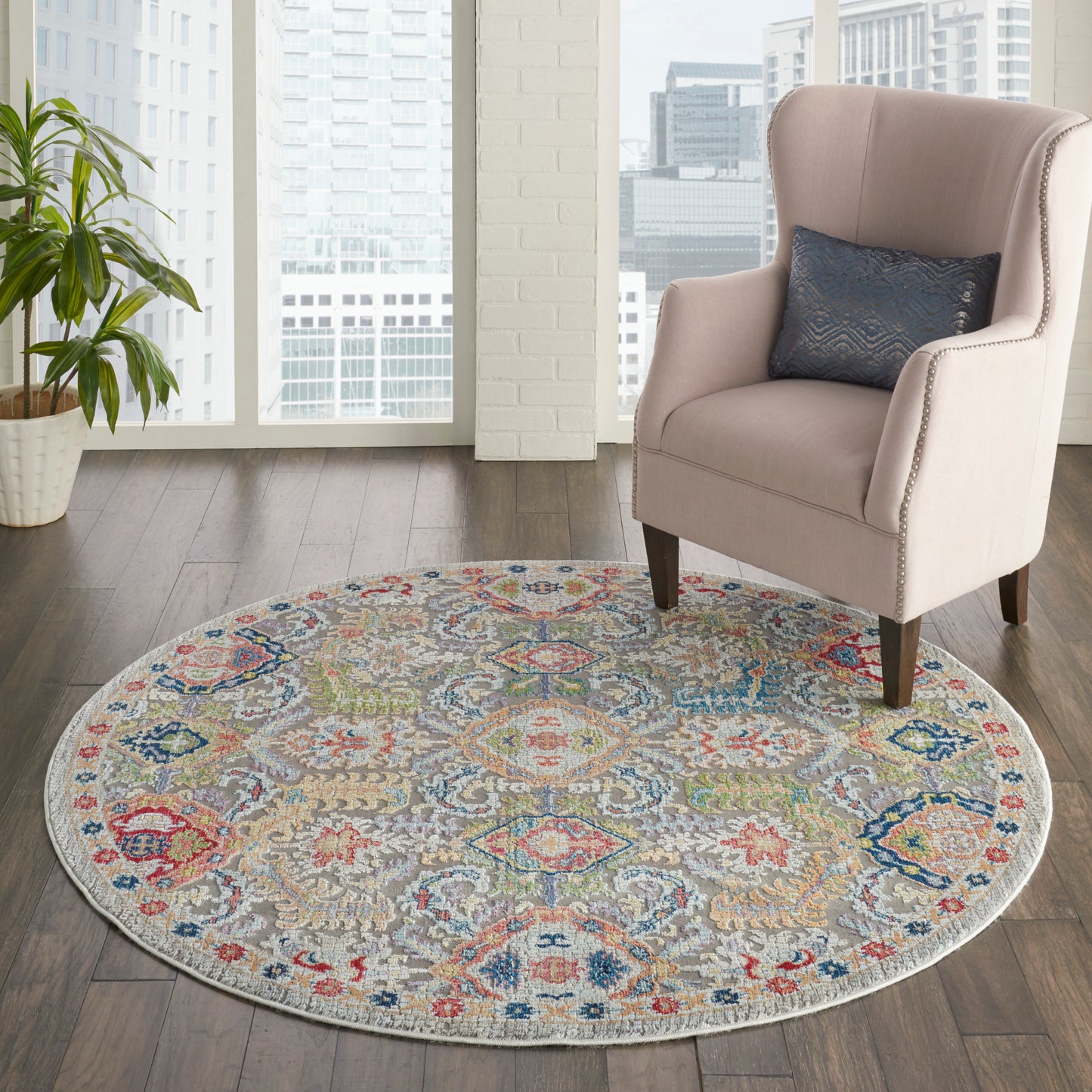 Nourison Ankara Global 4' x Round Grey Multicolor Bohemian Indoor Rug