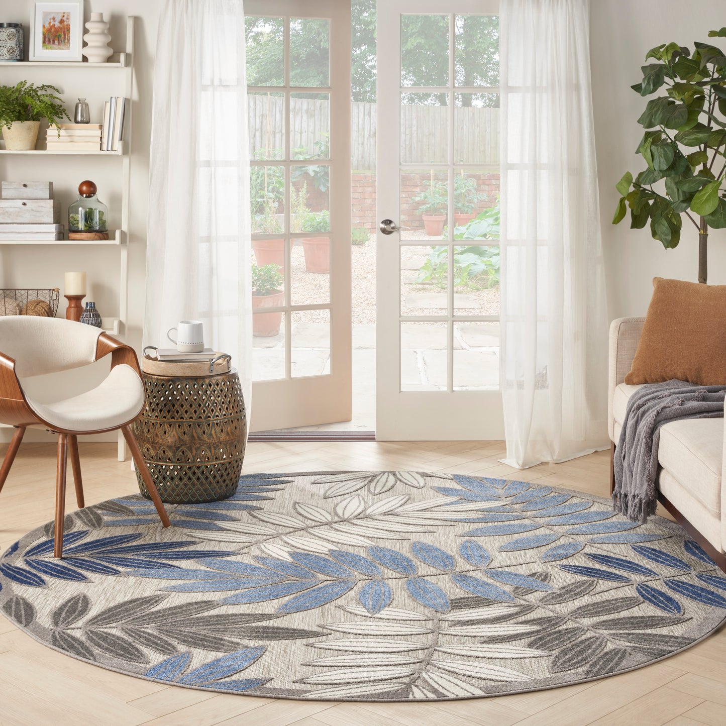 Nourison Aloha 7'10" x Round Grey/Blue Tropical Rug