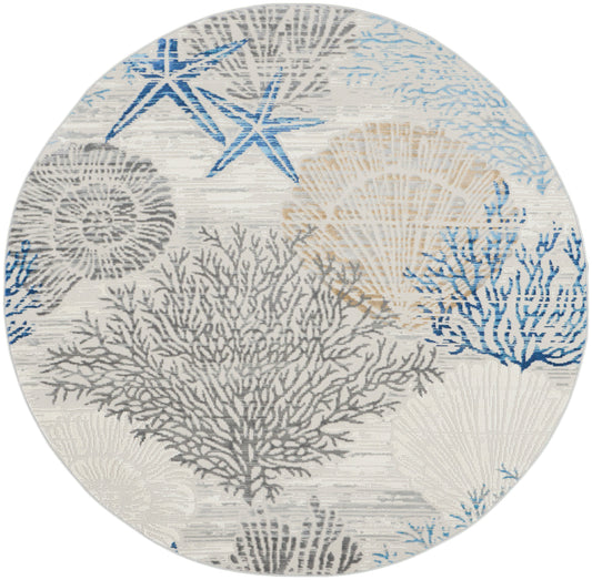 Nourison Seaside 5'3" x Round Ivory Grey Blue Coastal, Nautical & Beach Indoor Rug