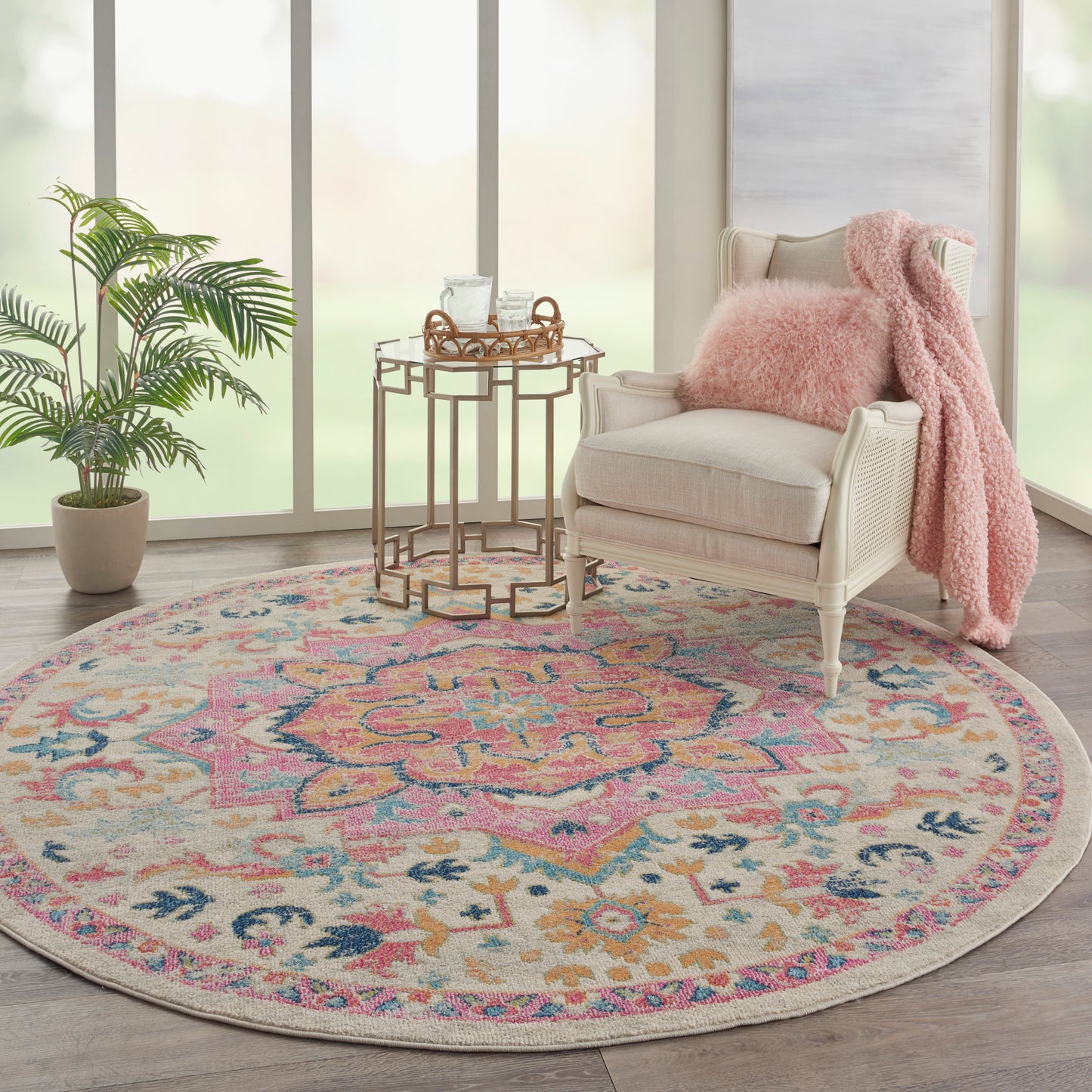 Nourison Passion 8' x Round Ivory Pink Bohemian Indoor Rug