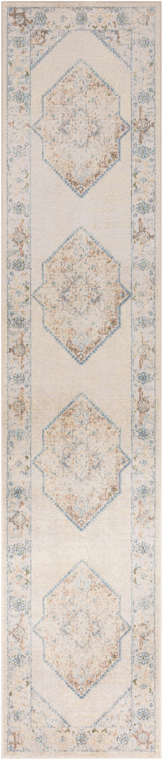 Nourison Astra Machine Washable 2'2" x 10' Ivory Blue Vintage Indoor Rug