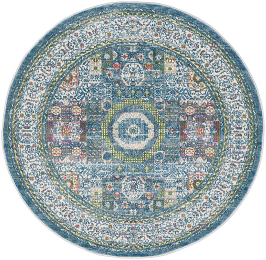 Nourison Ankara Global 4' x Round Ivory Light Blue Bohemian Indoor Rug