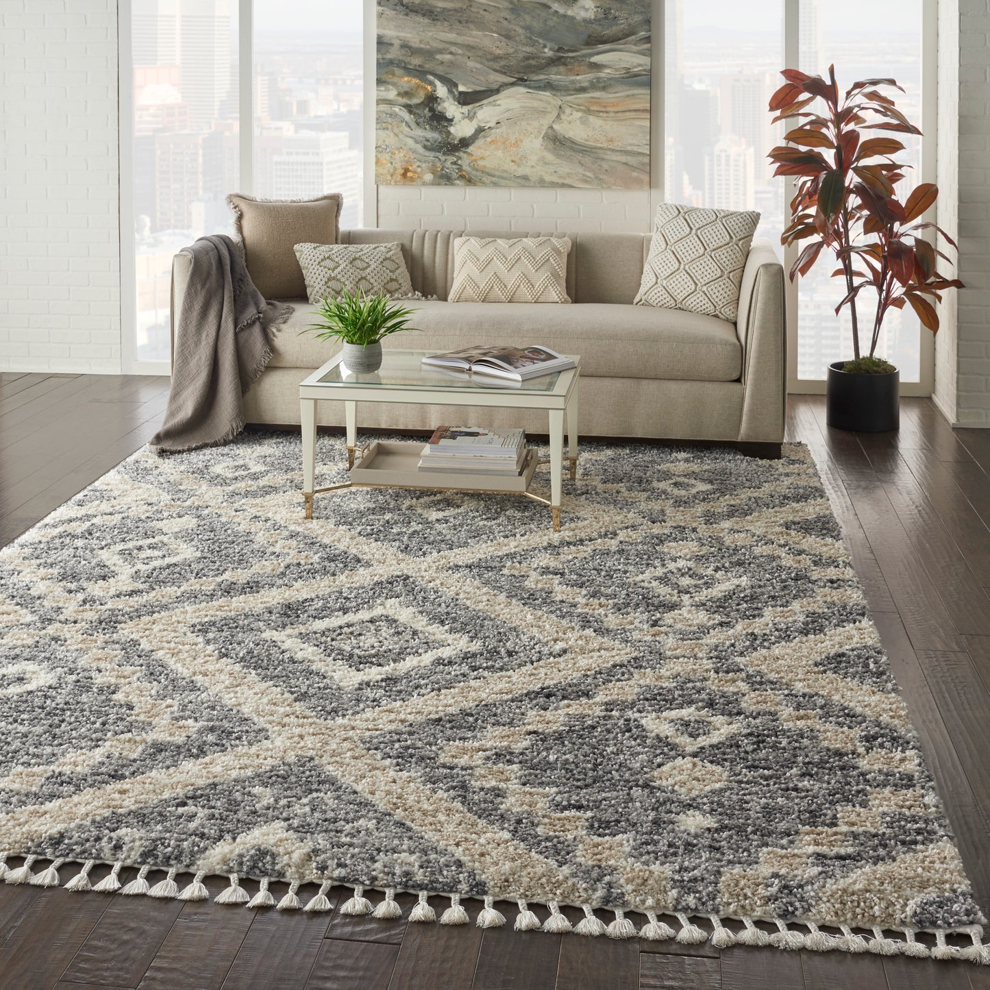 Nourison Oslo Shag 7'10" x 10'6" Grey/Ivory Shag Indoor Rug