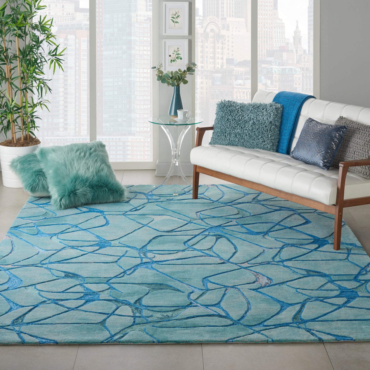 Nourison Symmetry 7'9" x 9'9" Aqua Blue Modern Indoor Rug