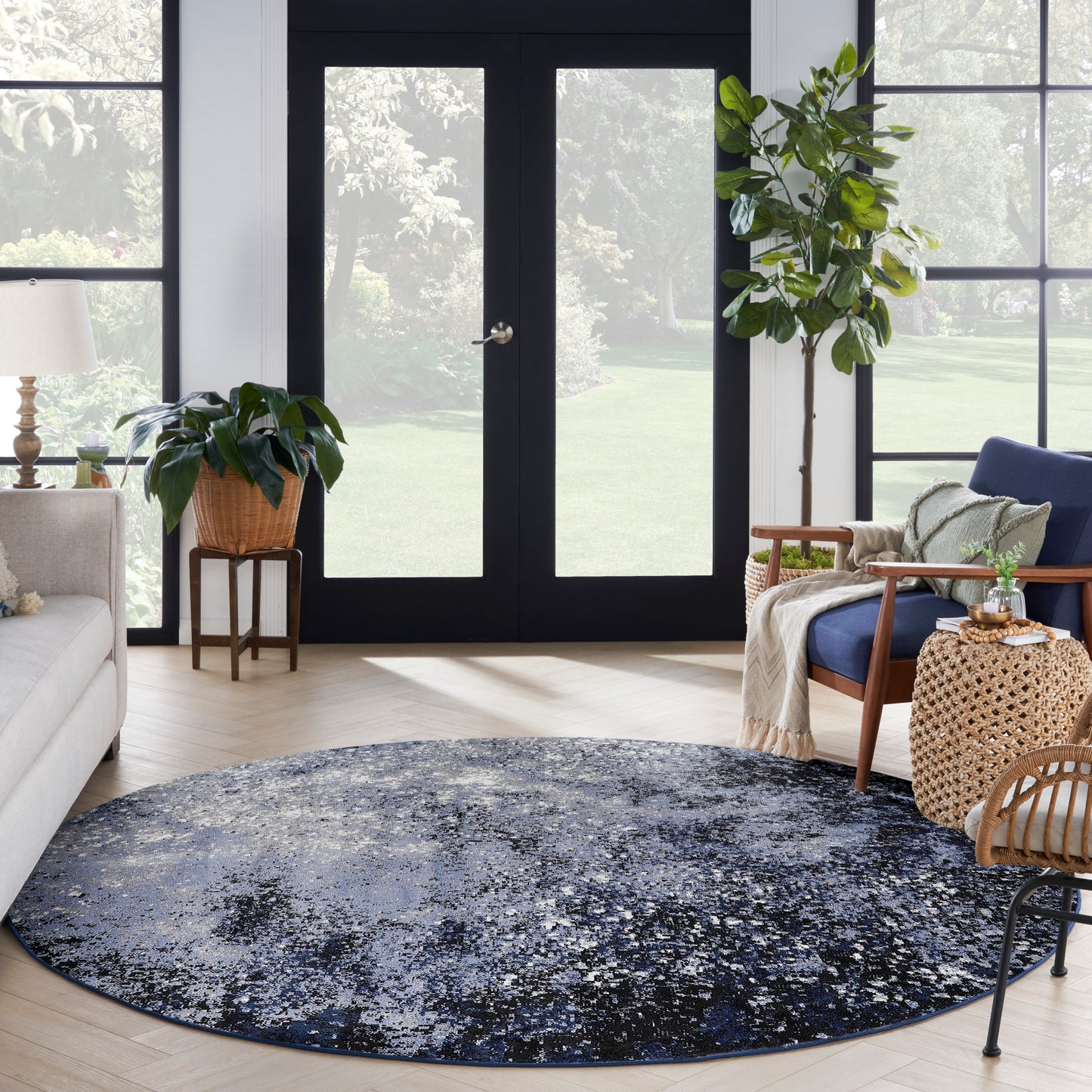 Nourison Passion 8' x Round Light Blue Black Modern Indoor Rug