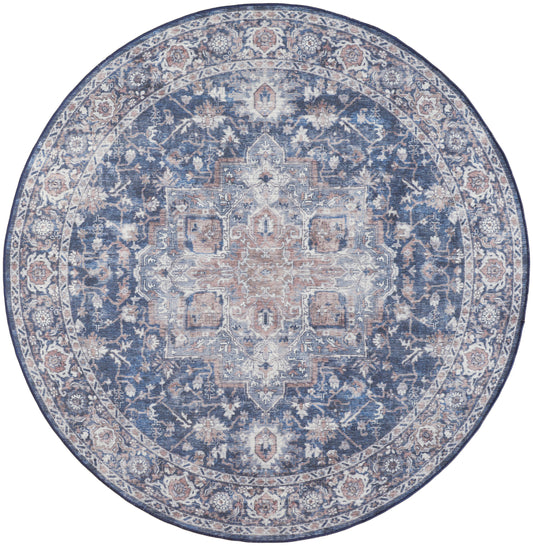 Nicole Curtis Machine Washable Series 1 7'10" x Round Ivory Navy Vintage Indoor Rug