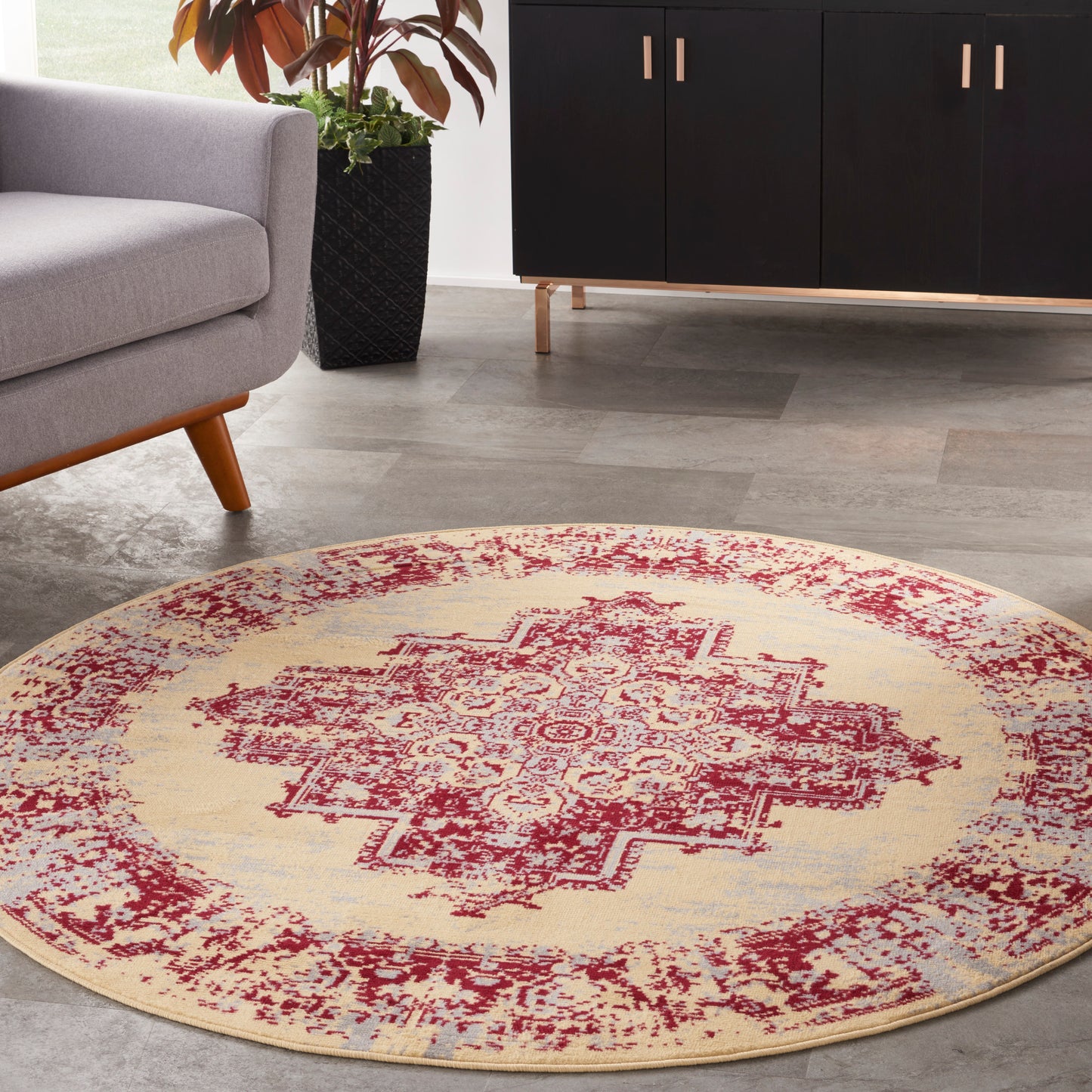 Nourison Grafix 5'3" x Round Cream Red Vintage Indoor Rug