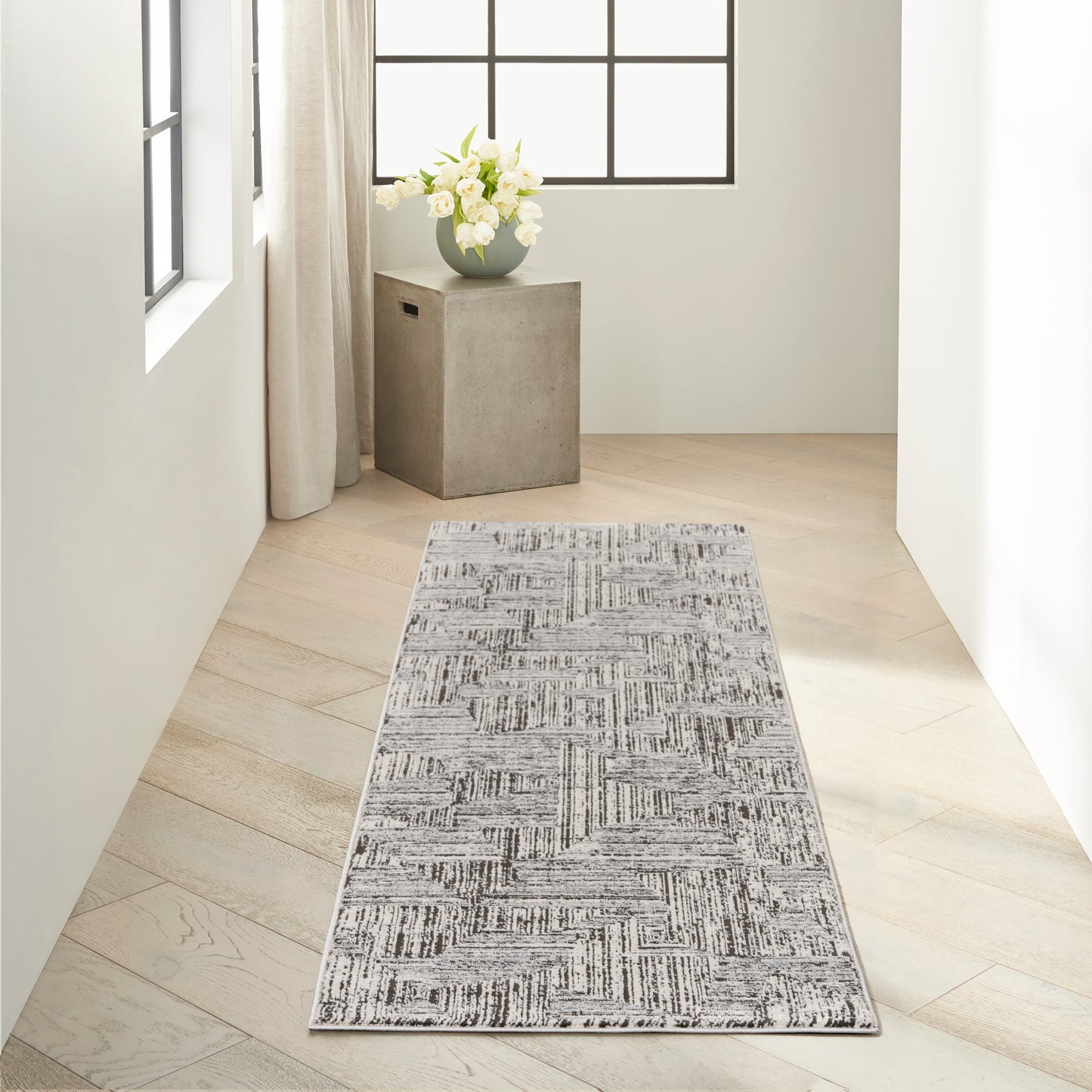 Calvin Klein CK024 Irradiant 2'3" x 7'6" Cream Black Modern Indoor Rug