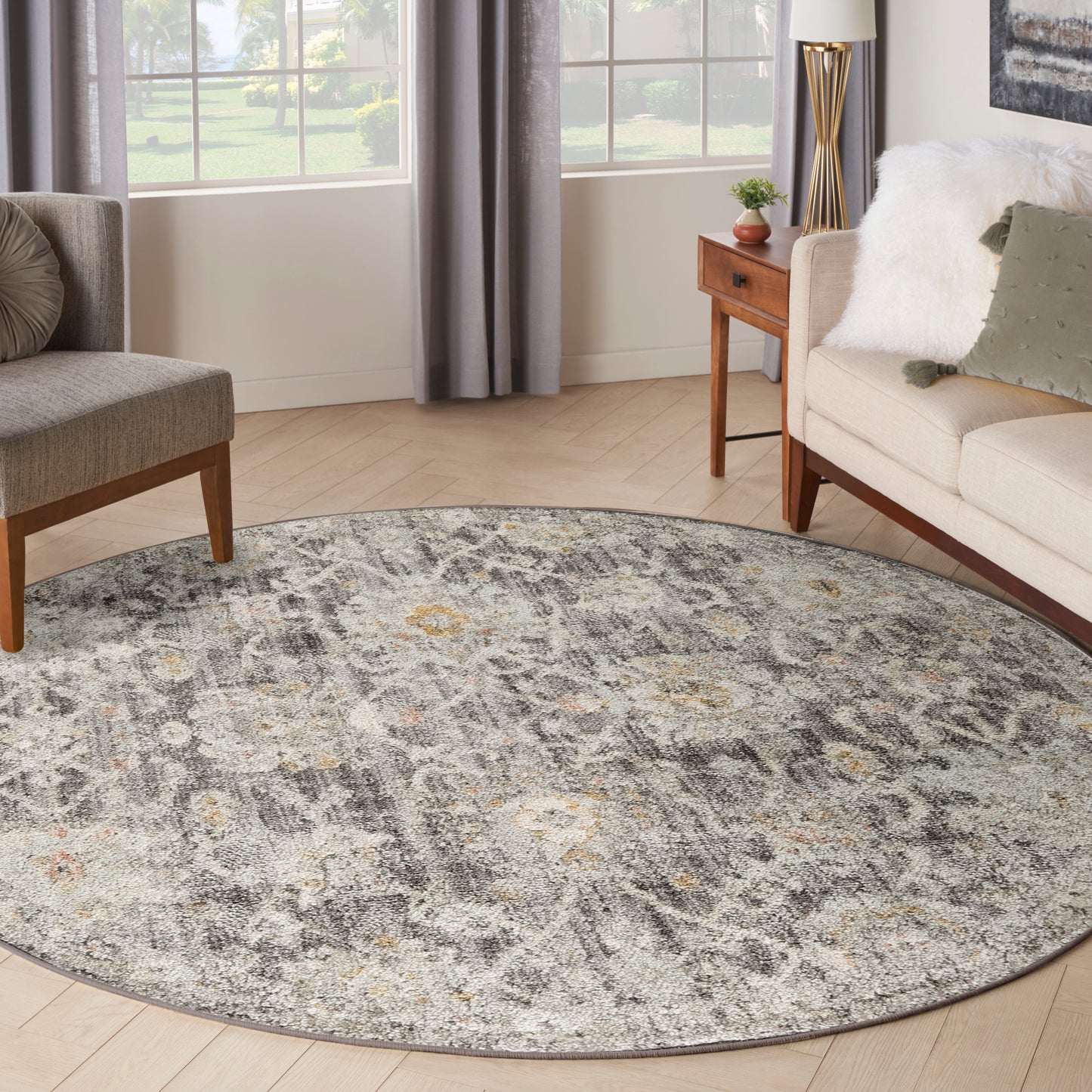 Nourison Oushak Home 7'10" x Round Charcoal Vintage Indoor Rug