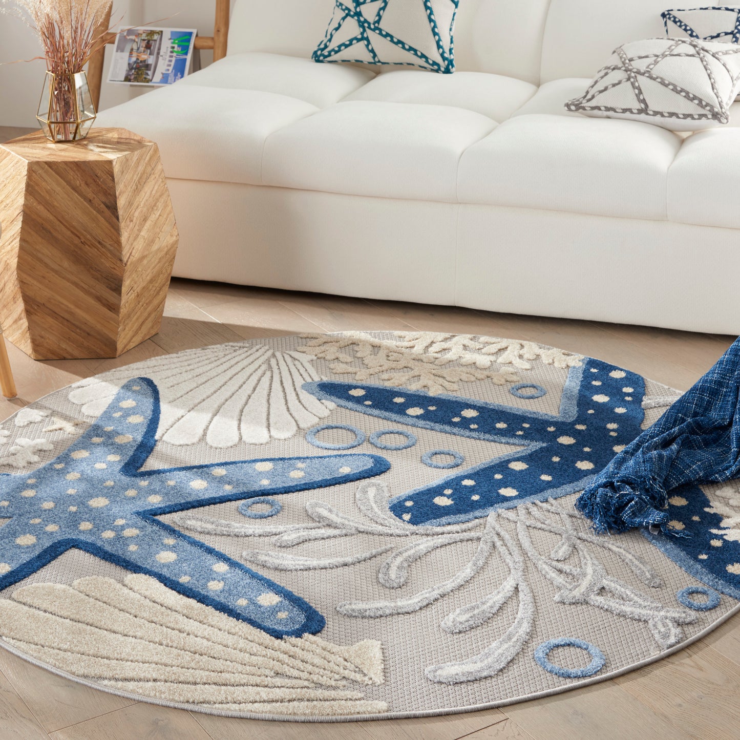 Nourison Aloha 4' x Round Blue Grey Coastal, Nautical & Beach Rug