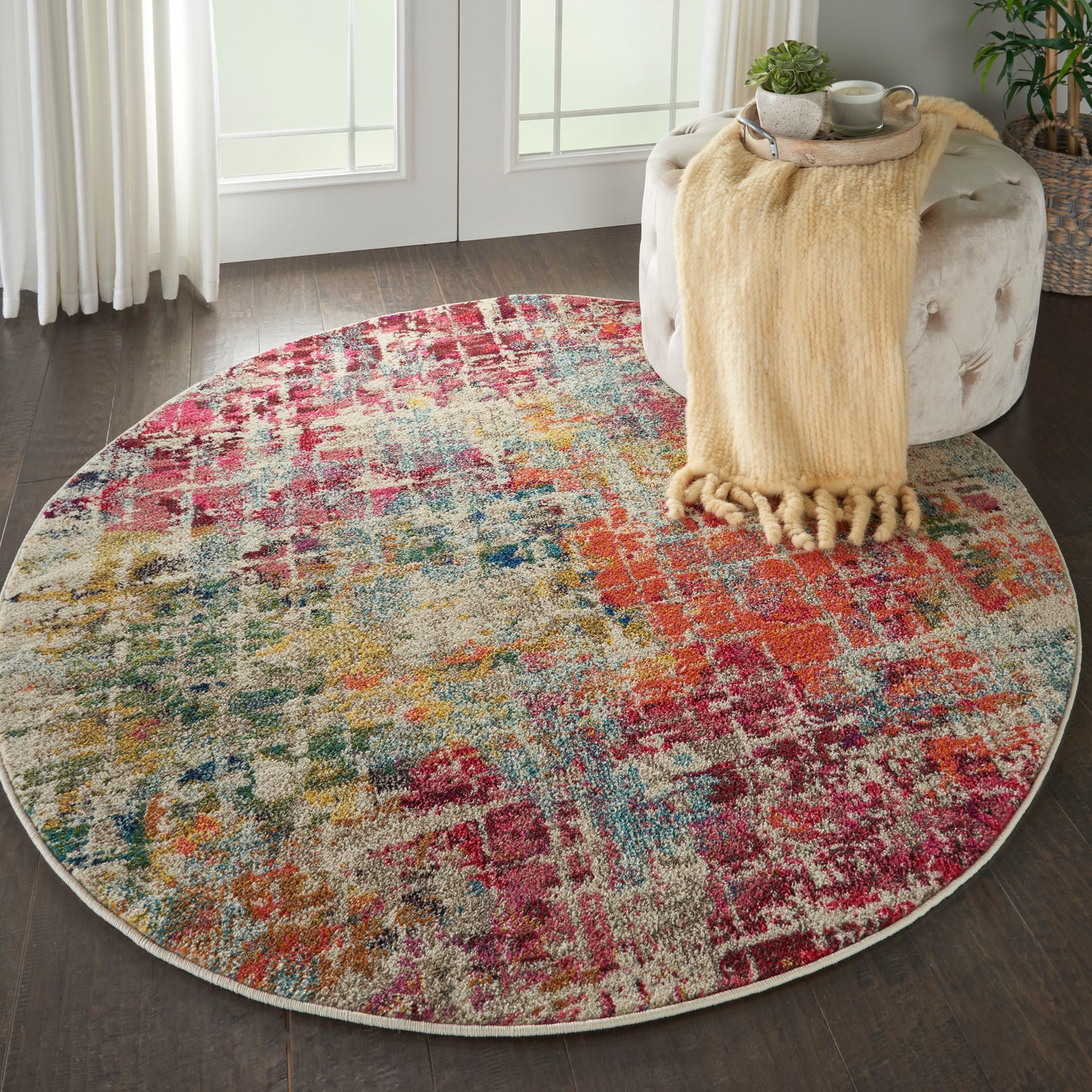 Nourison Celestial 5'3" x Round Pink/Multicolor Modern & Contemporary Indoor Rug