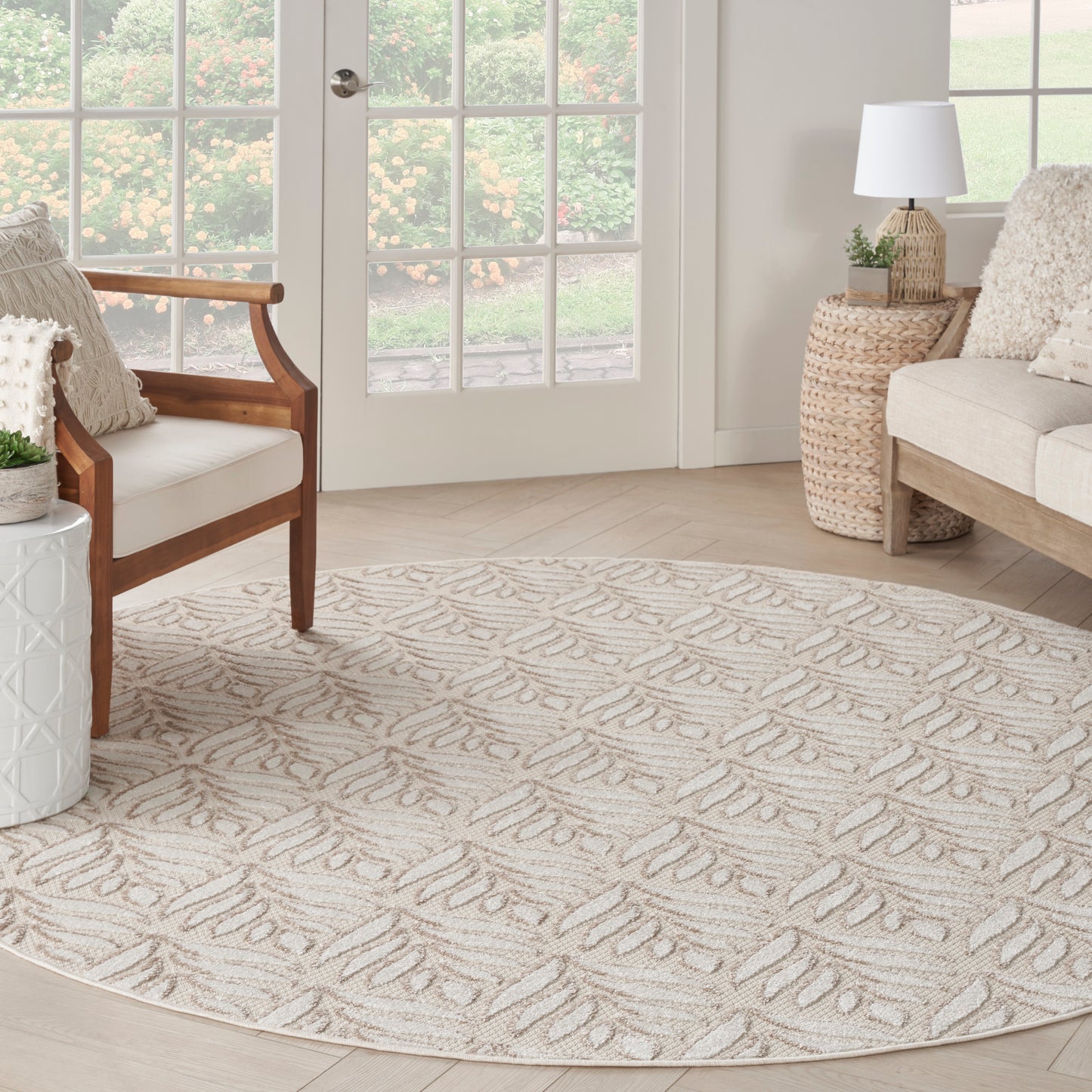 Nourison Aloha 7'10" x Round Ivory Grey Tropical Rug