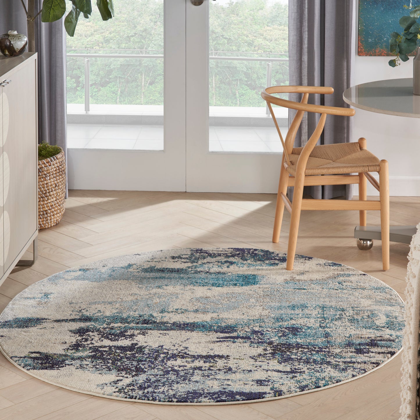 Nourison Celestial 5'3" x Round Ivory/Teal Blue Modern Indoor Rug