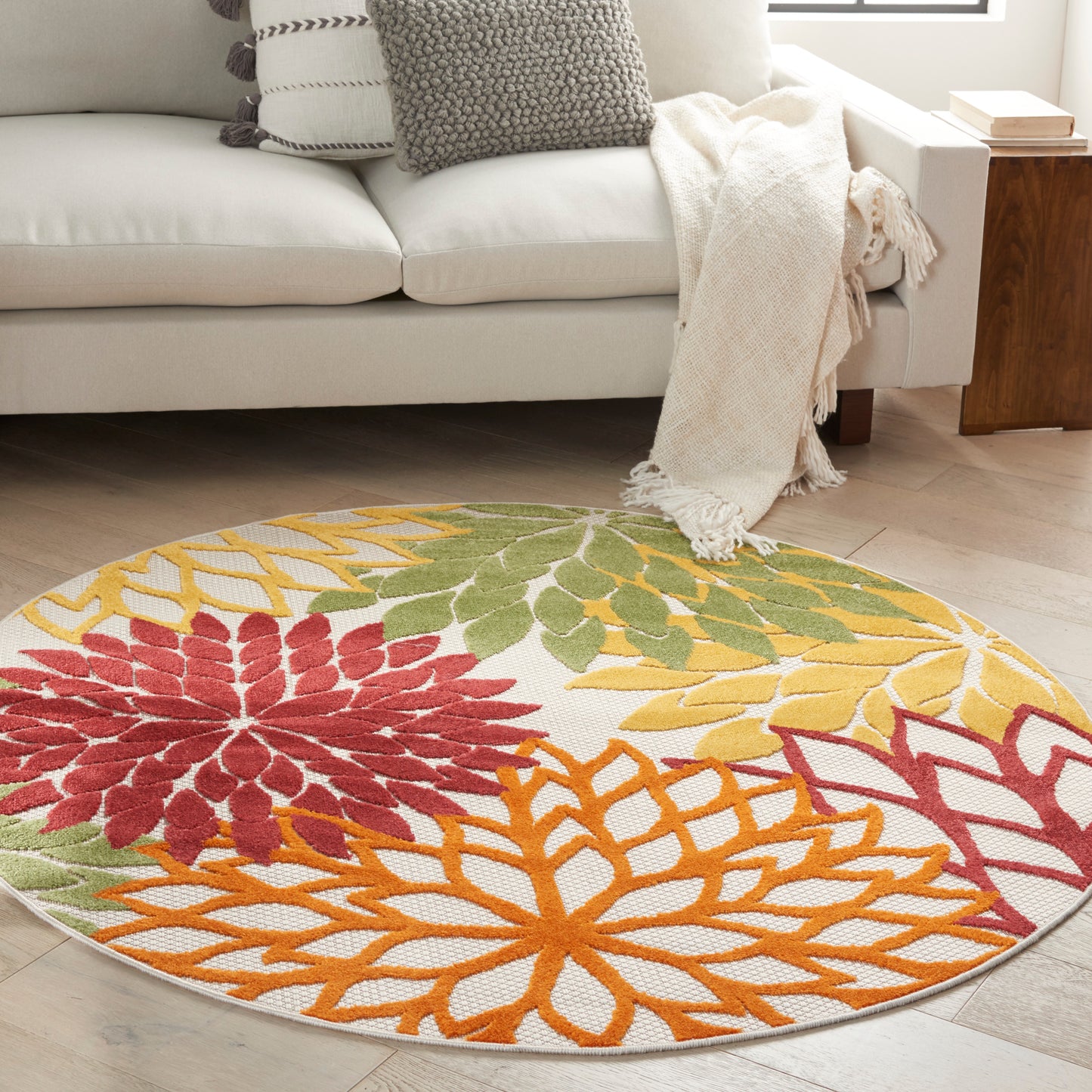 Nourison Aloha 5'3" x Round Red Multicolor Tropical Rug