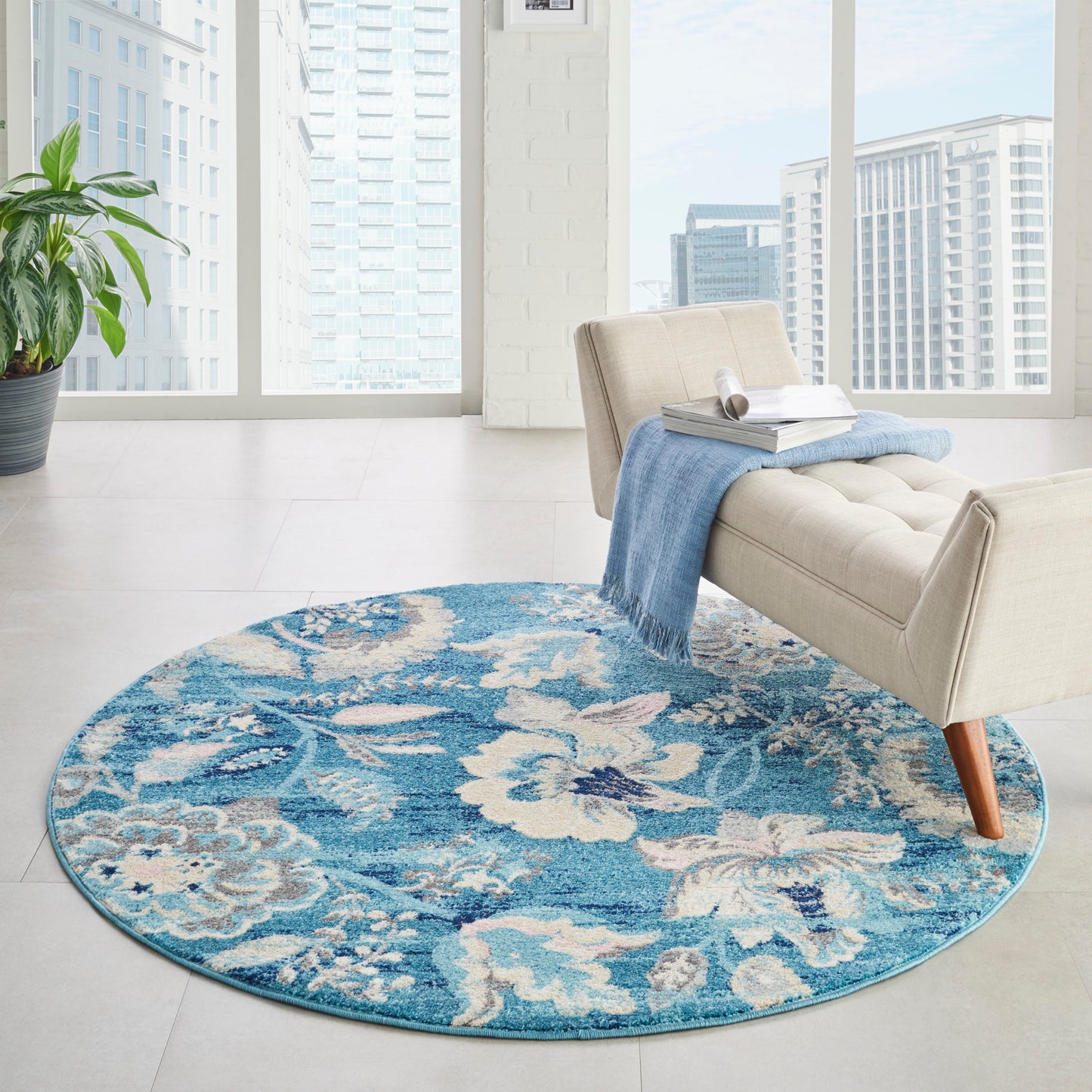 Nourison Tranquil 5'3" x Round Turquoise Vintage Indoor Rug