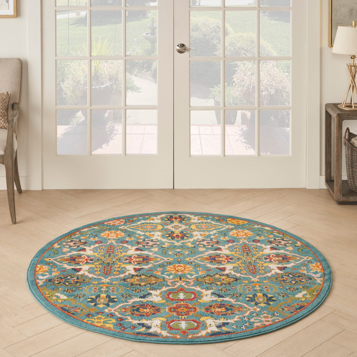 Nourison Allur 5'3" x Round Turquoise Ivory Bohemian Indoor Rug