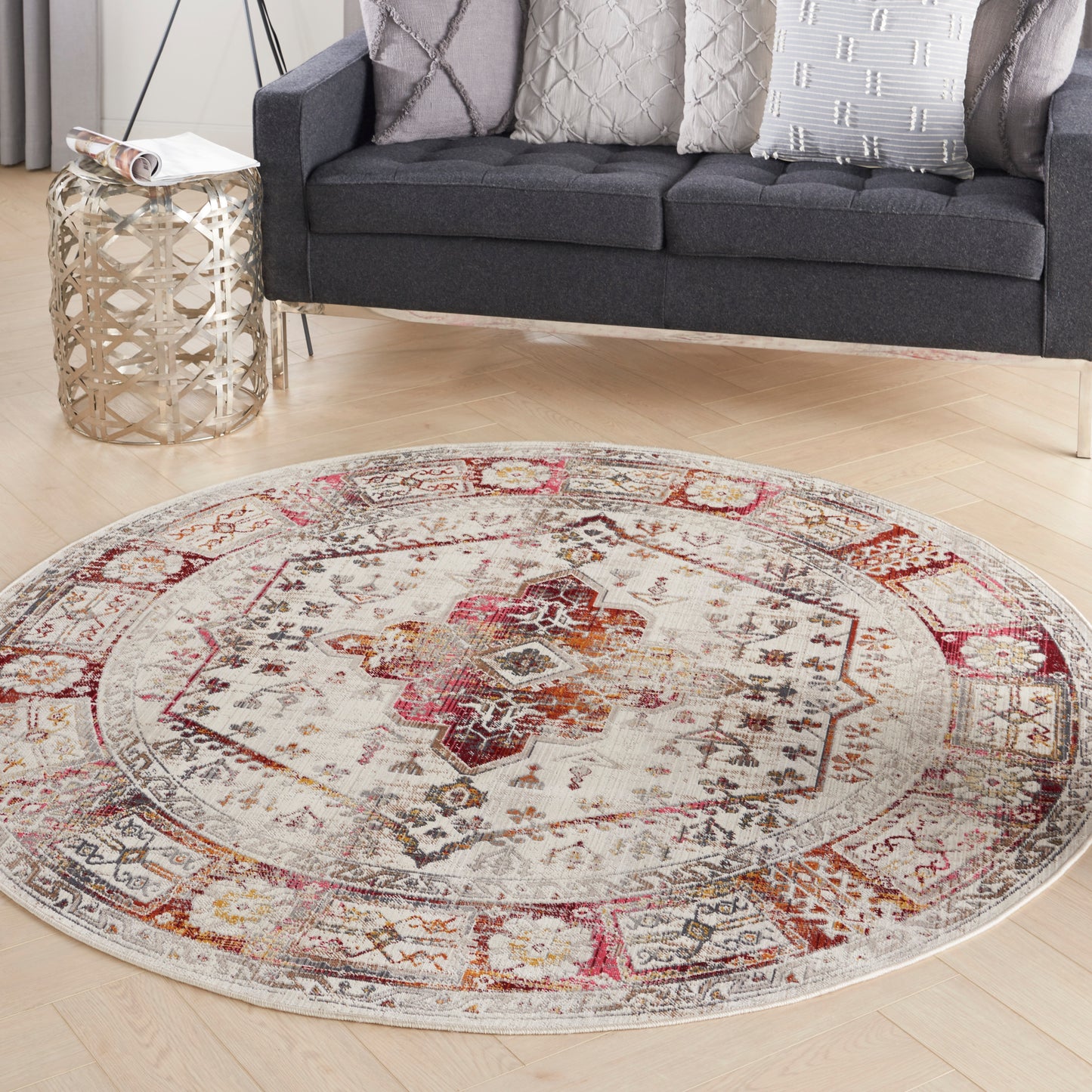 Nourison Vintage Kashan 6' x Round Ivory Red Vintage Indoor Rug